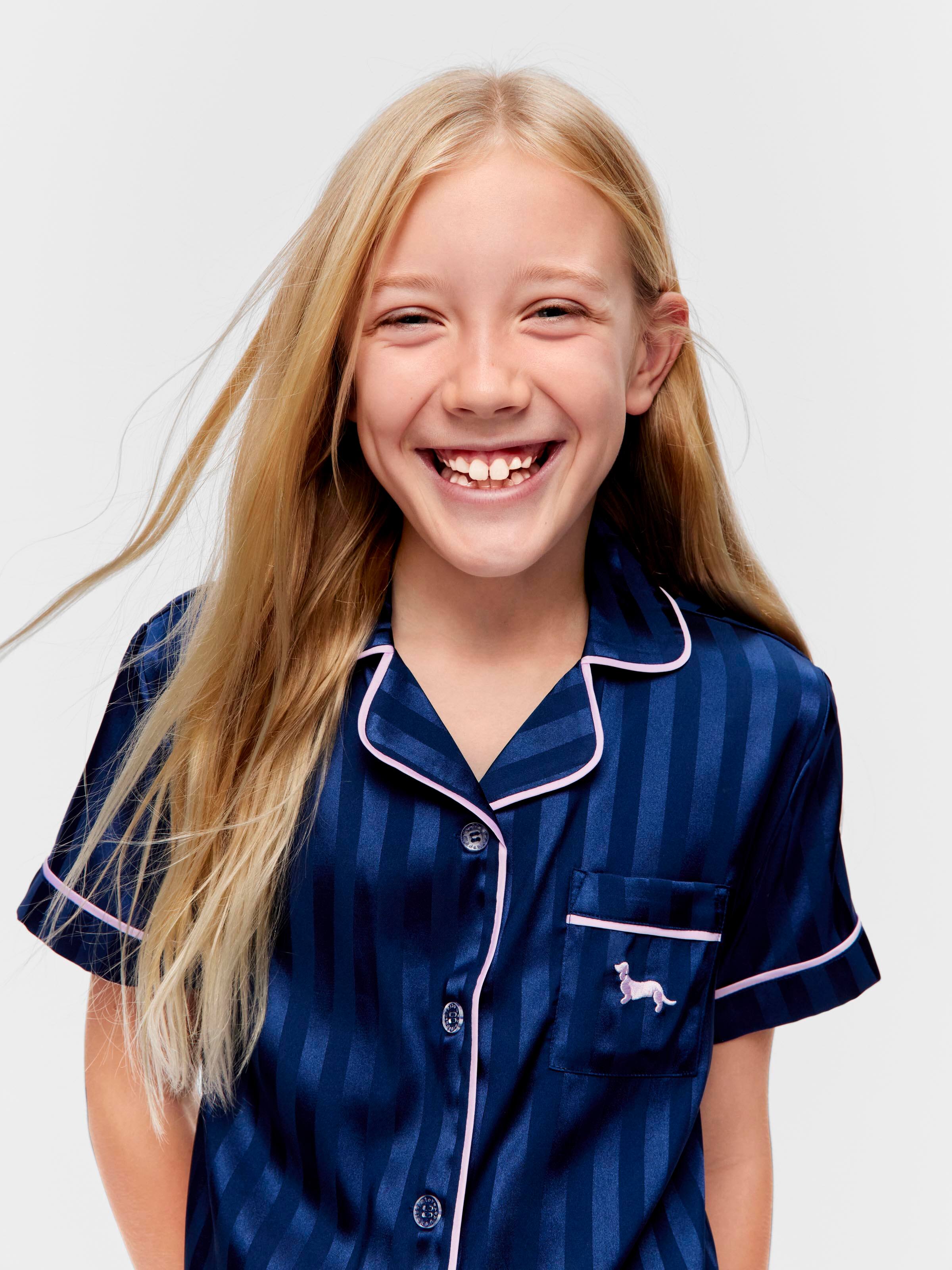 Girls Navy Satin Classic Short Pj Set
