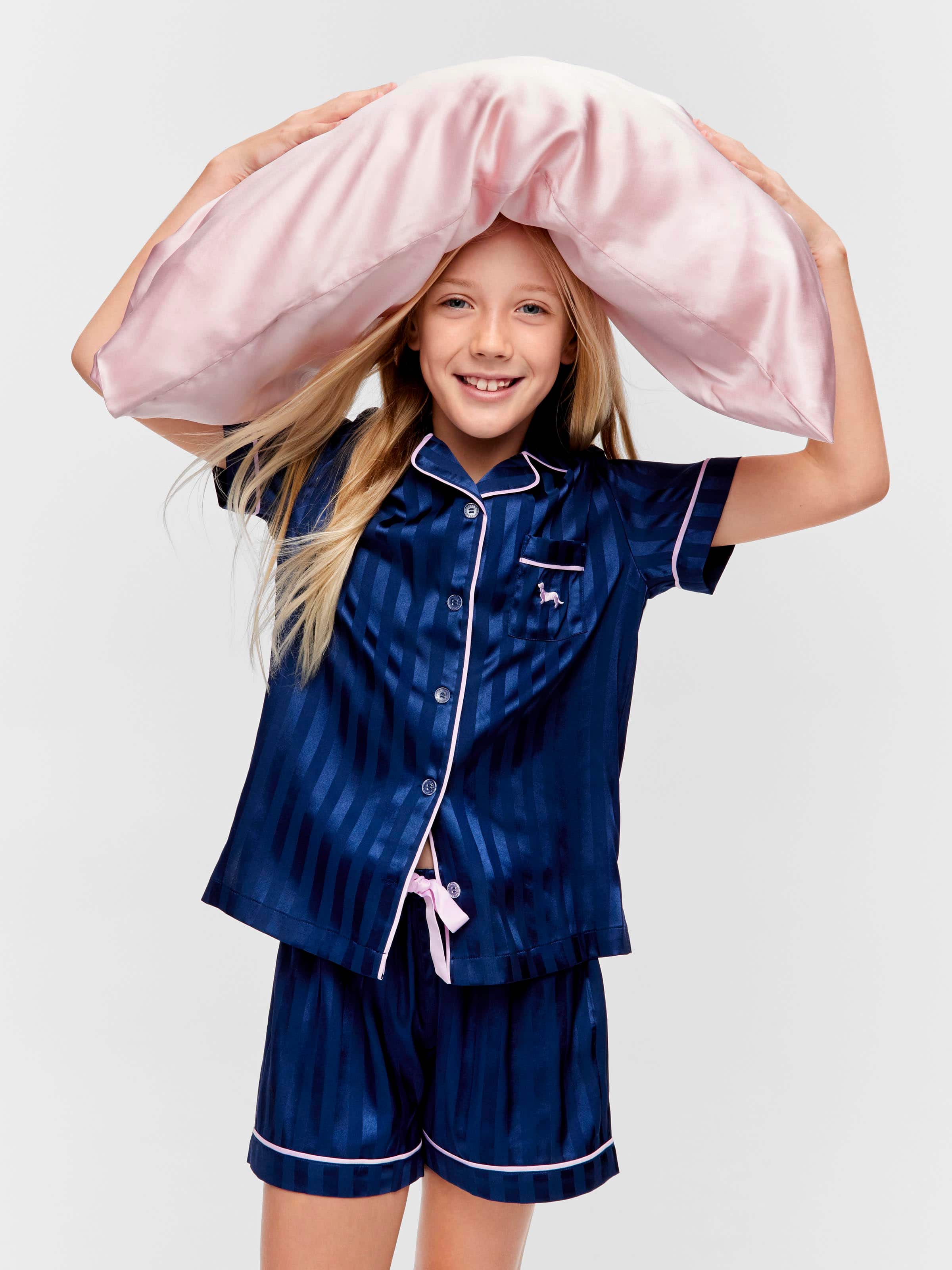 Girls Navy Satin Classic Short Pj Set