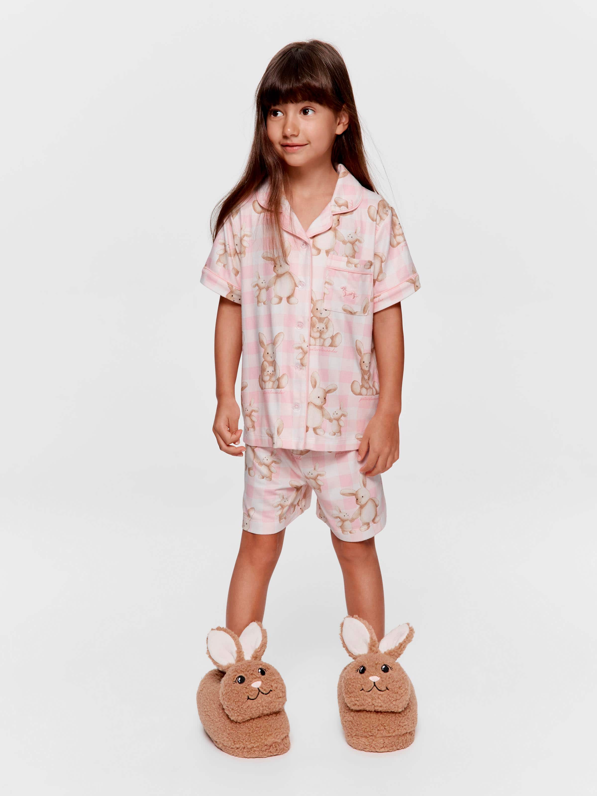Jnr Girls Pink Check Bunny Short Classic Pj Set