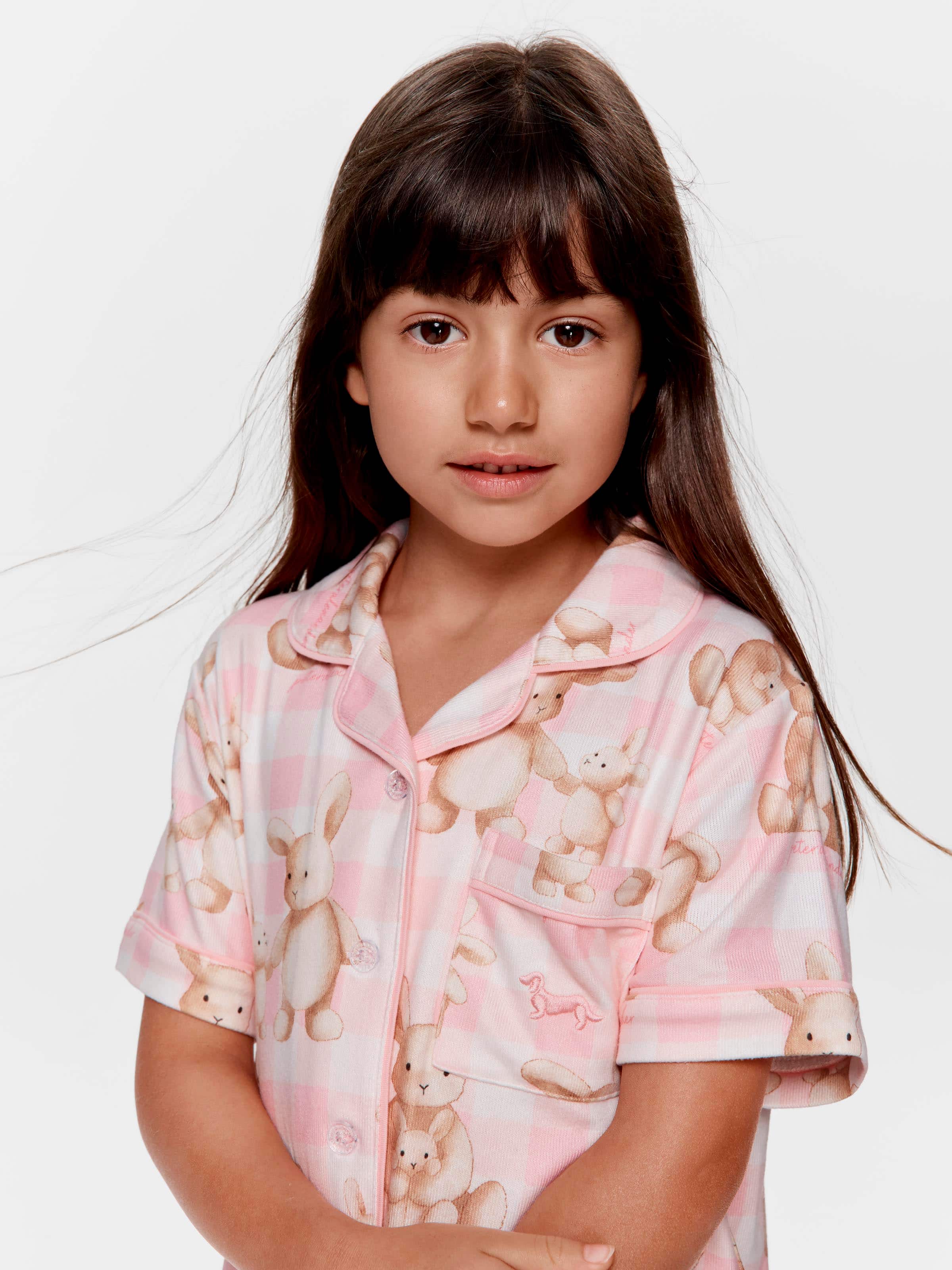 Jnr Girls Pink Check Bunny Short Classic Pj Set
