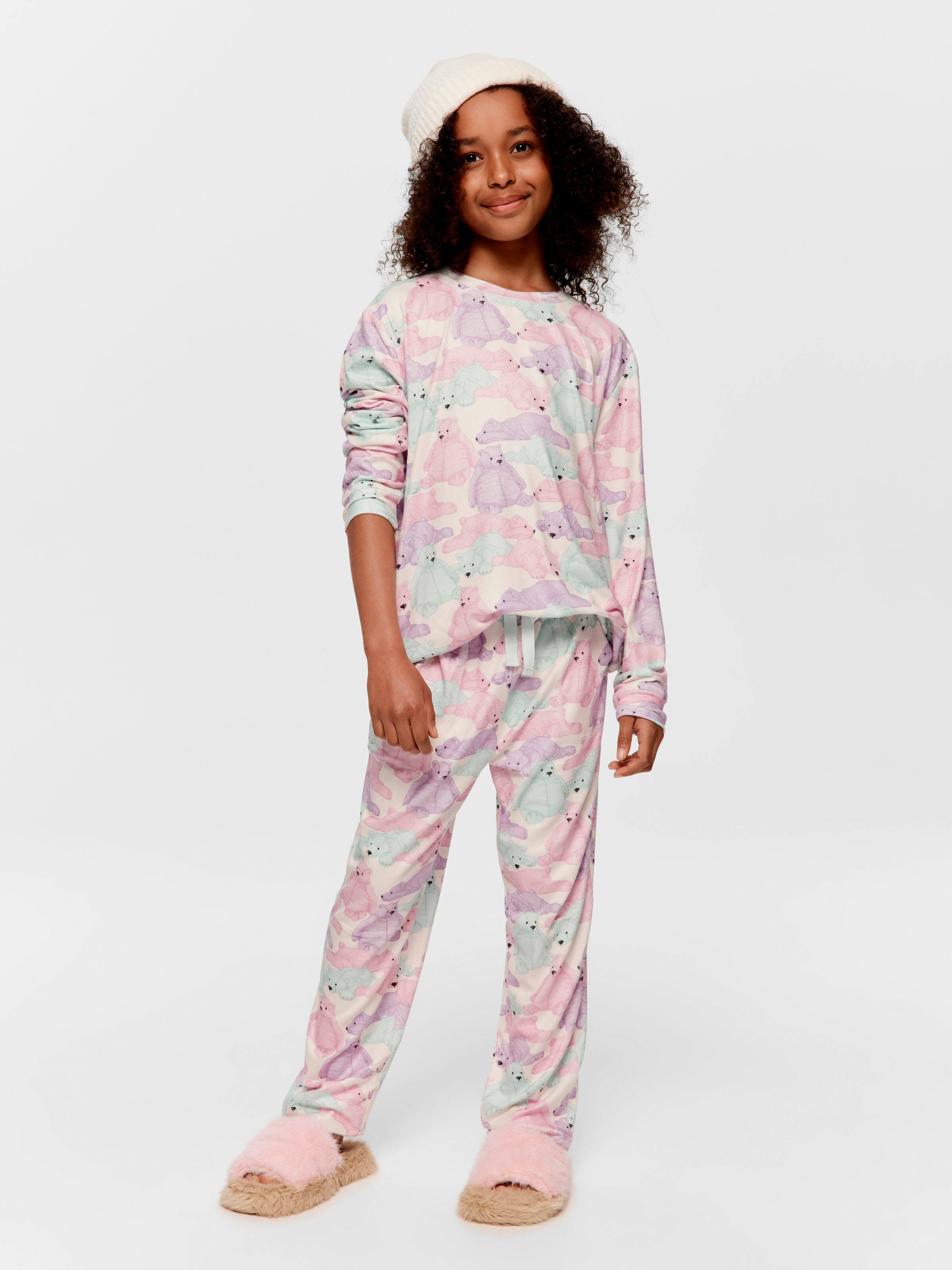 Girls Pastel Bears Plush Long Pj Set