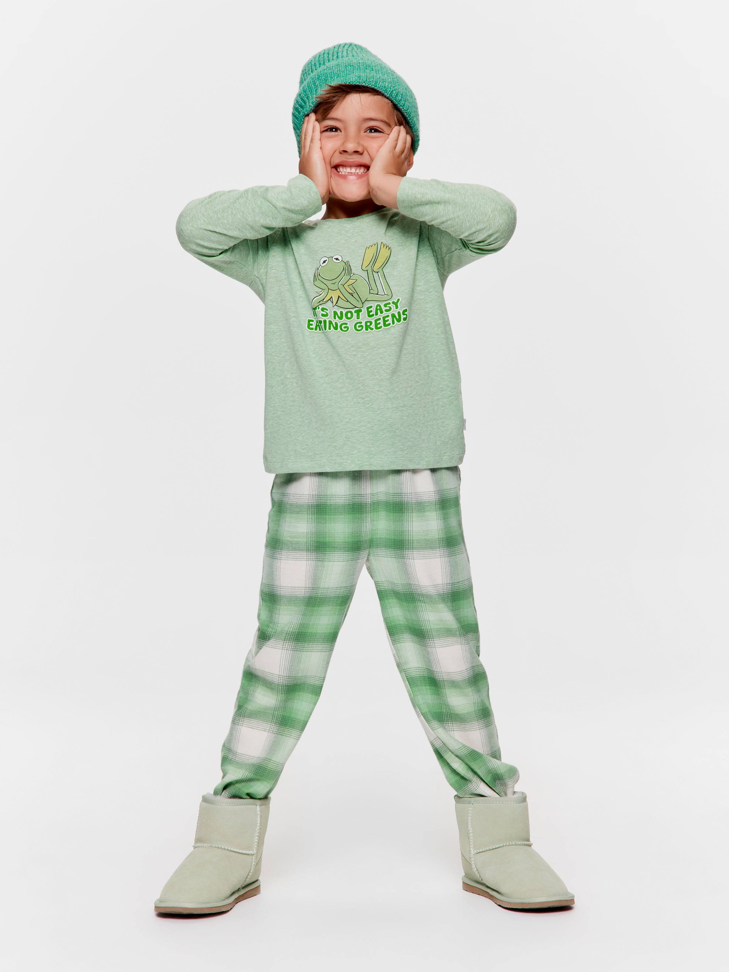 Jnr Boys Kermit Green Check Long Pj Set