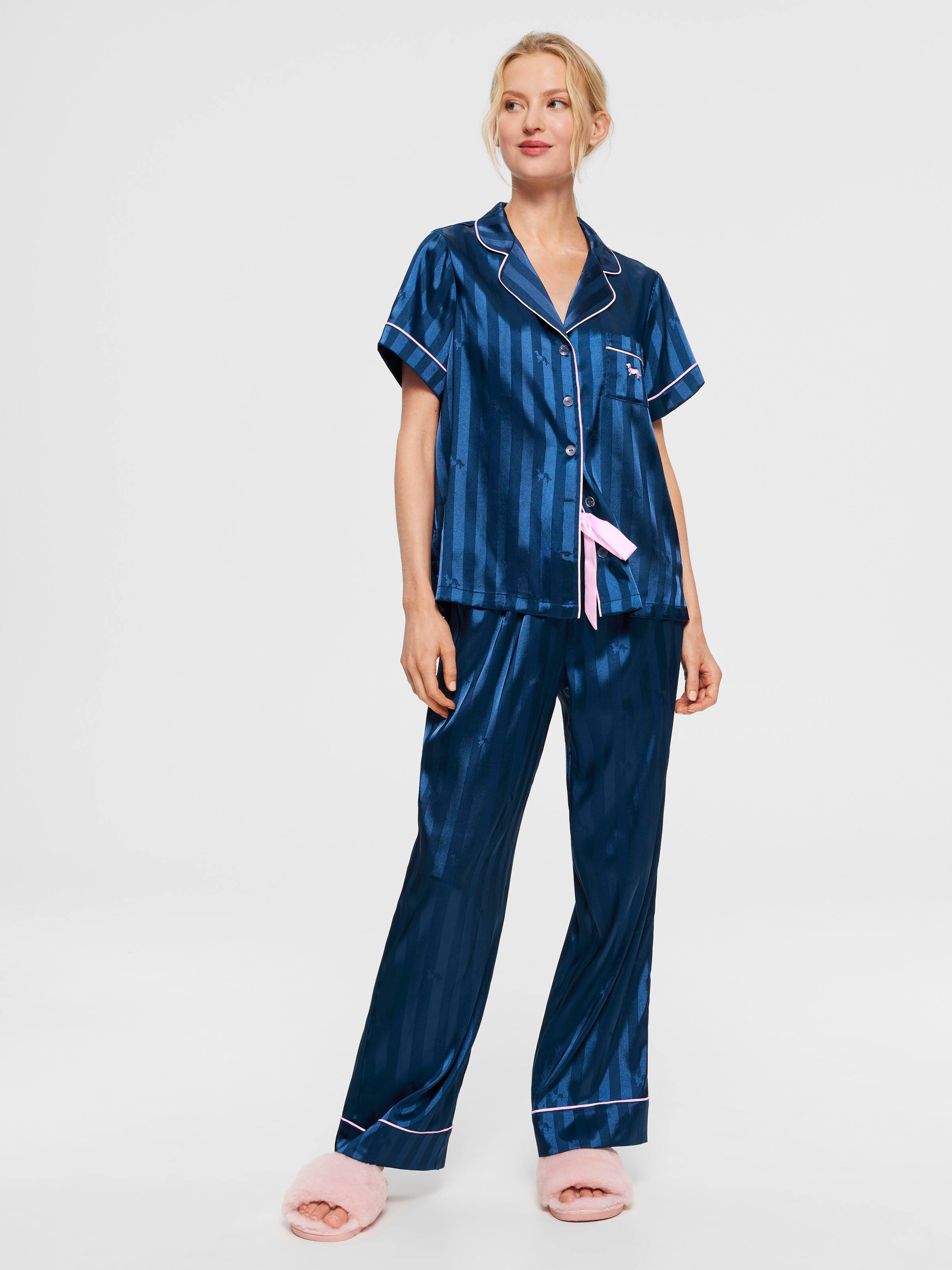 Short Sleeve & Pant Navy Penny Chic Satin Stripe Pj Set
