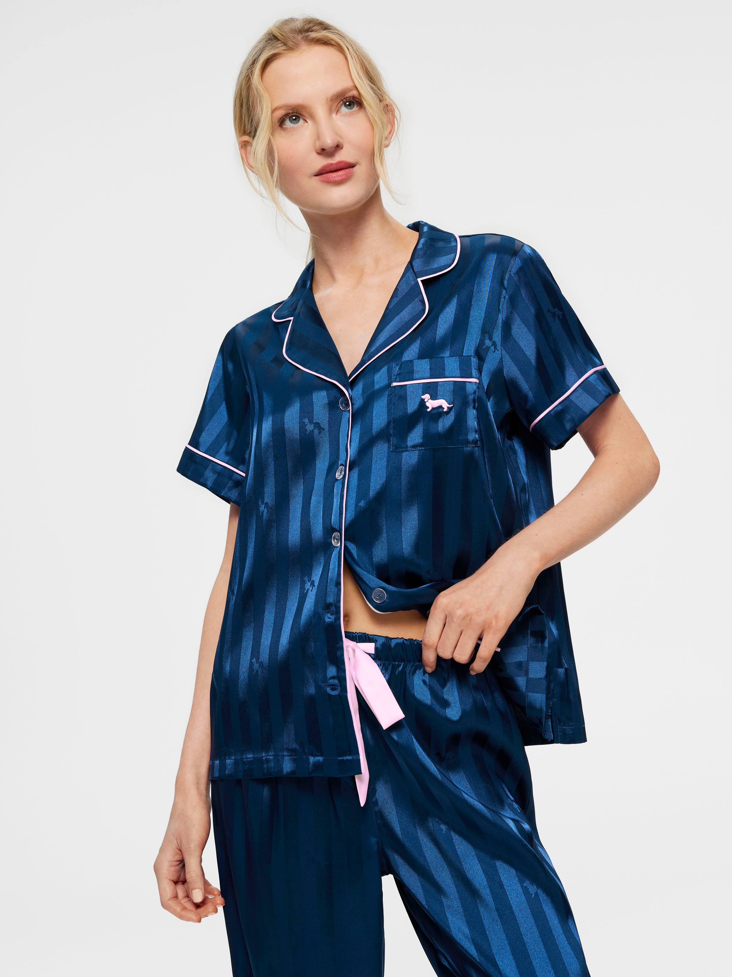 Short Sleeve & Pant Navy Penny Chic Satin Stripe Pj Set
