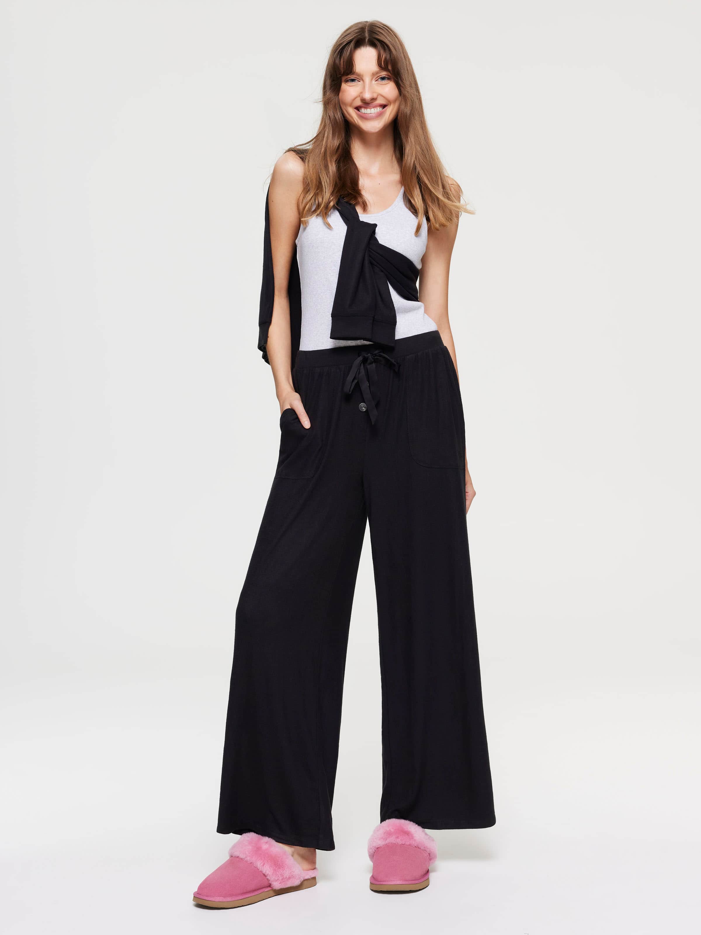 Black Plush Wide Leg Pj Bottom