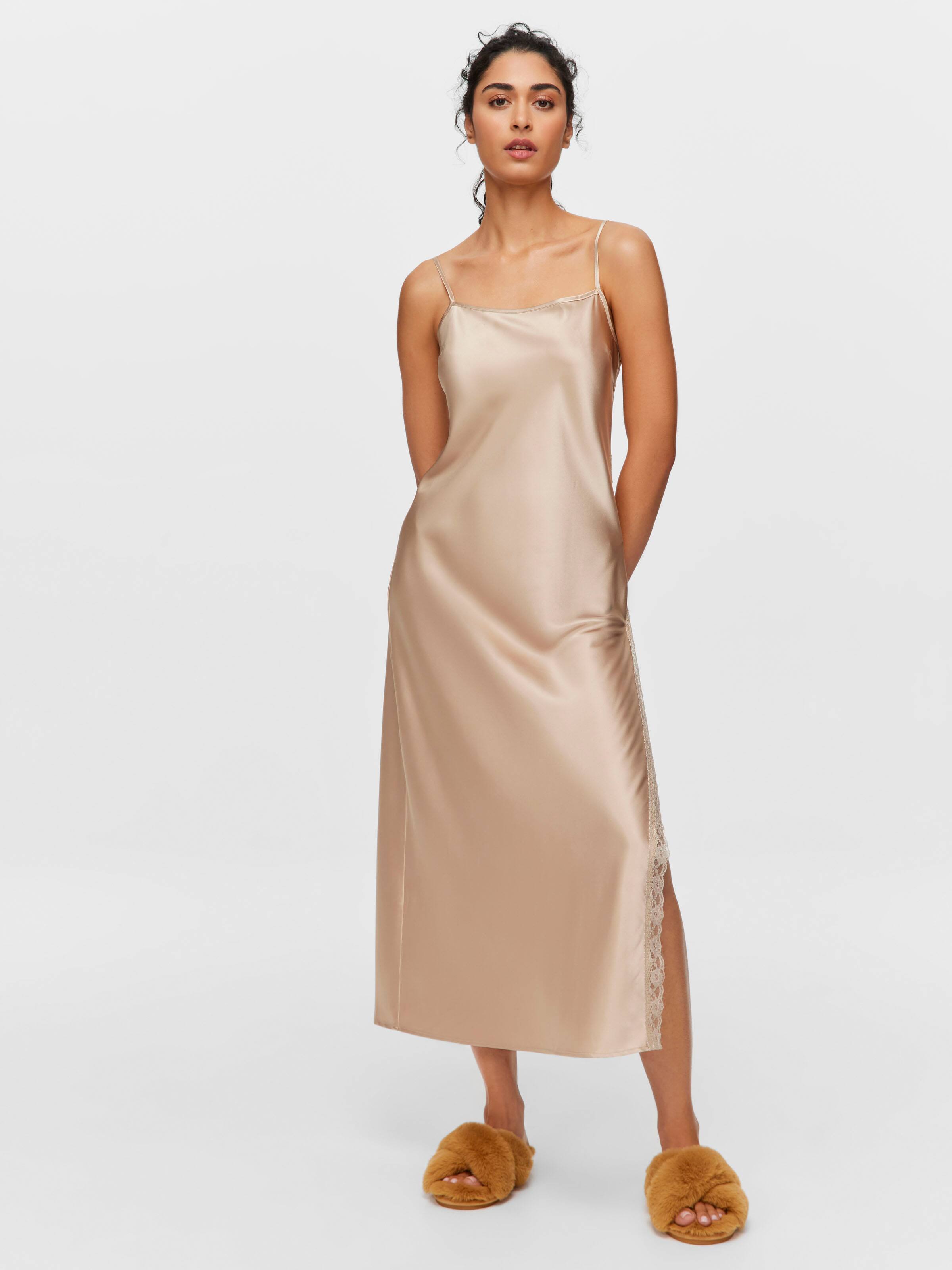 Long Gold Satin Lace Slip