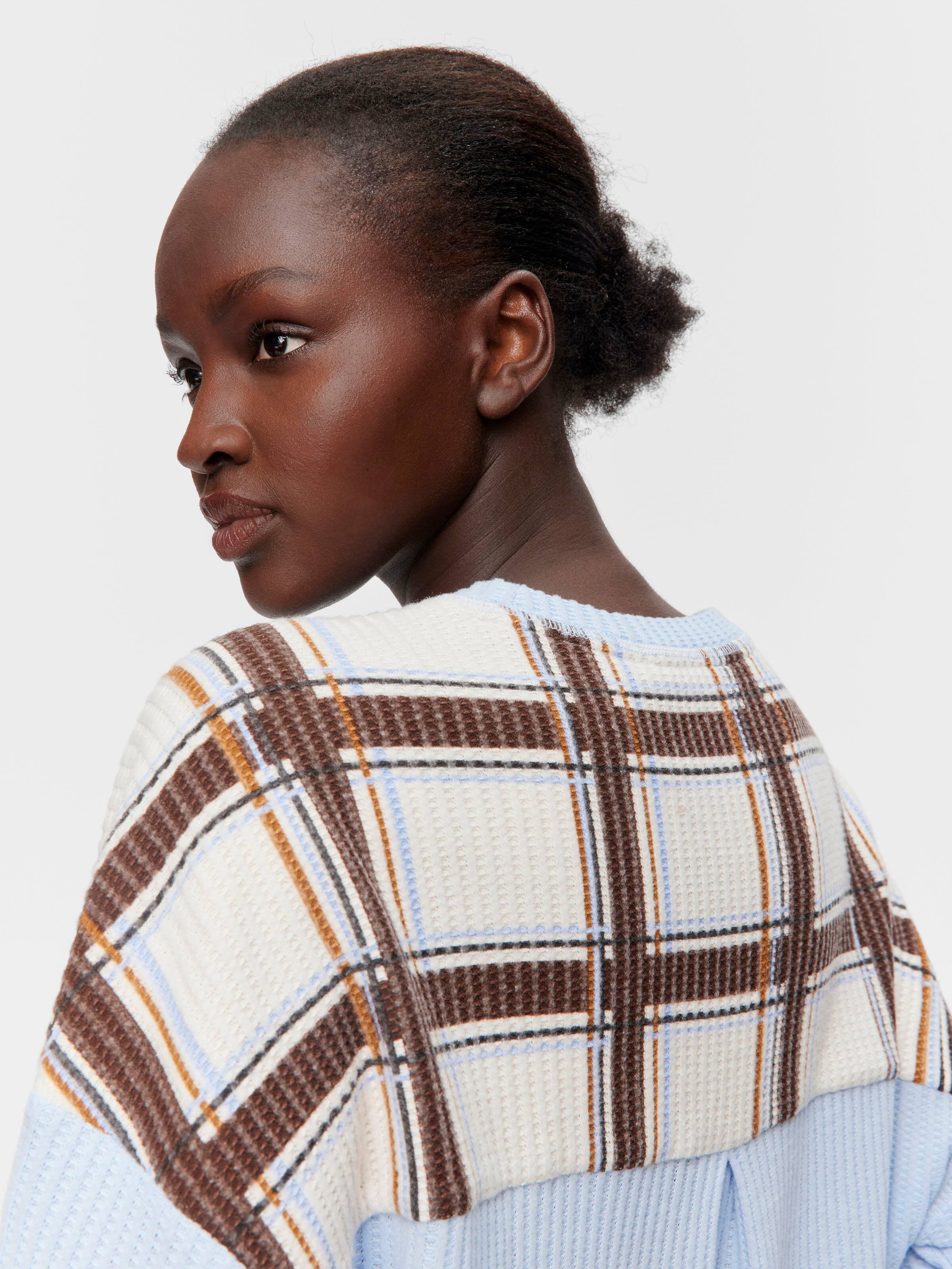 Brushed Waffle Check Oversized Long Sleeve Top