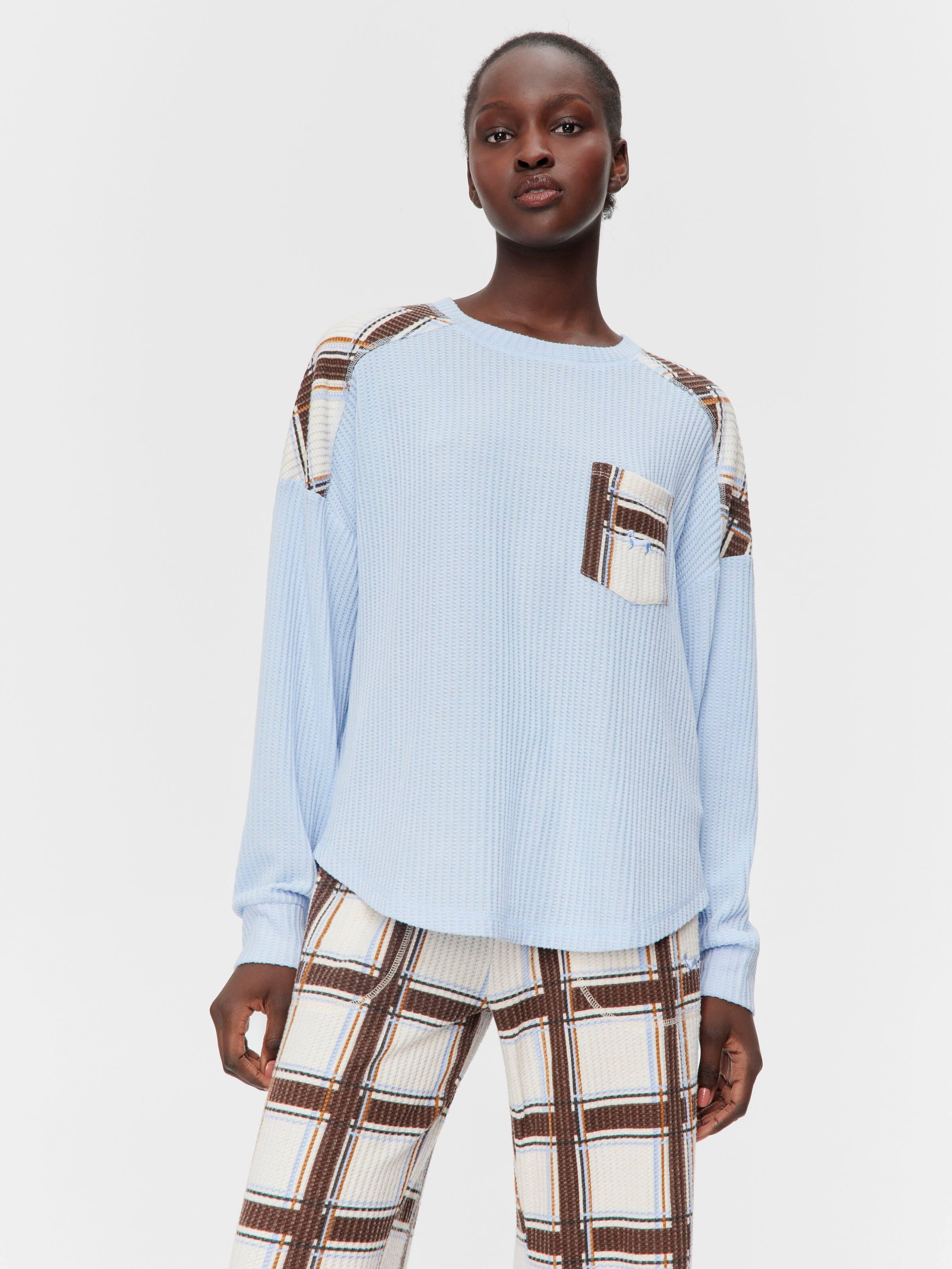 Brushed Waffle Check Oversized Long Sleeve Top