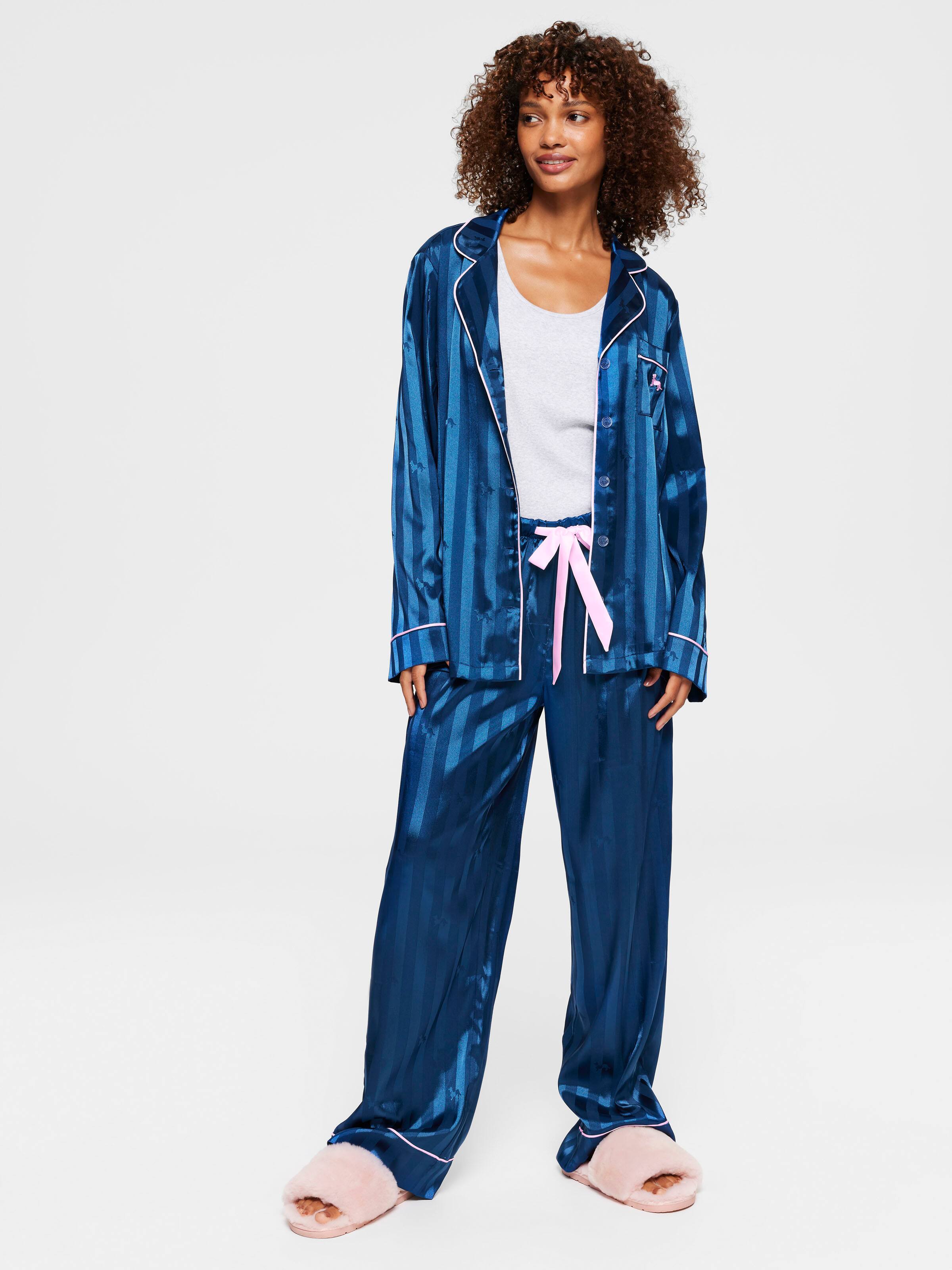 Long Navy Penny Stripe Chic Satin Pj Set