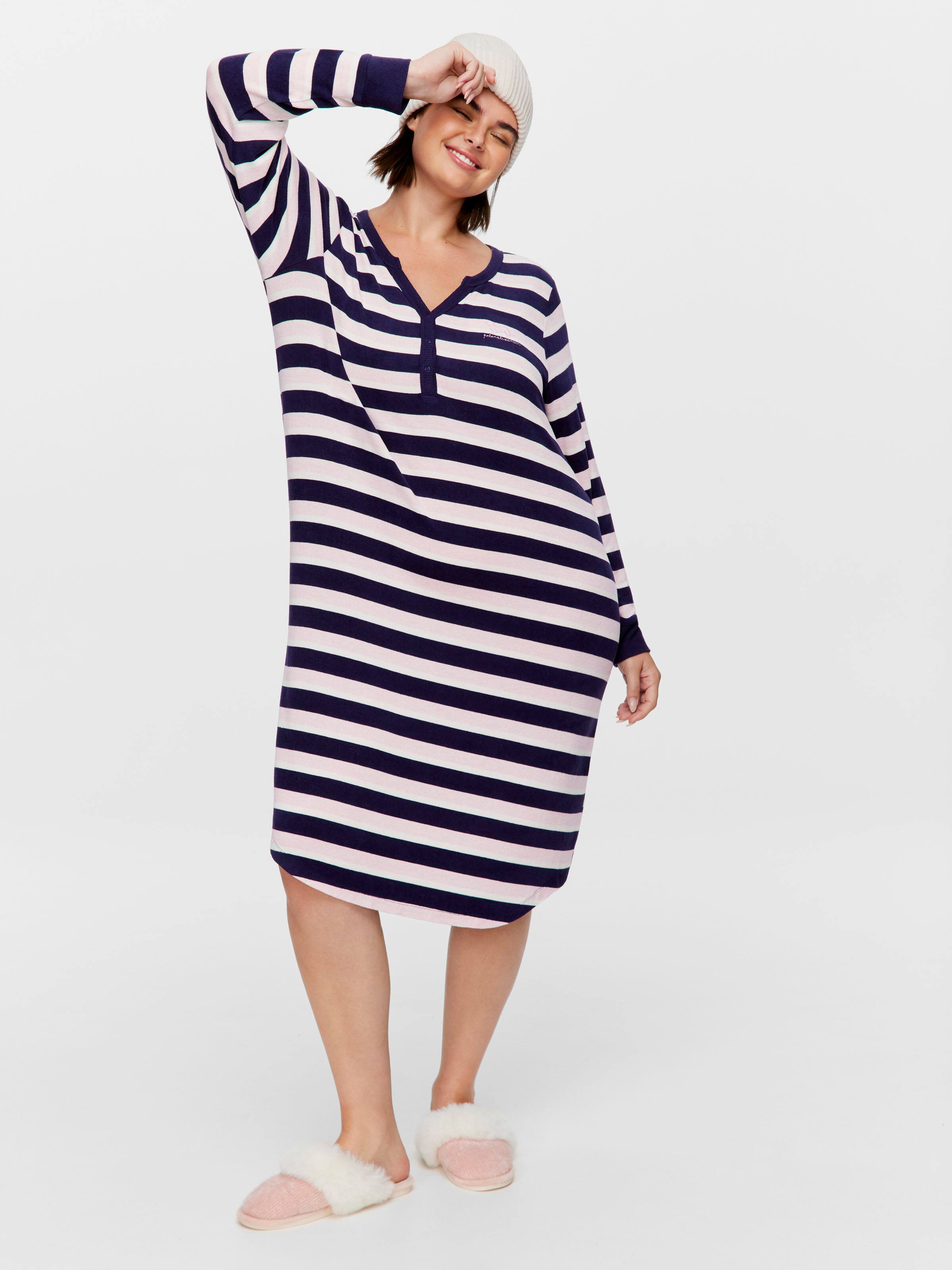 P.A. Plus Fuzzy Stripe Long Sleeve Henley Nightdress