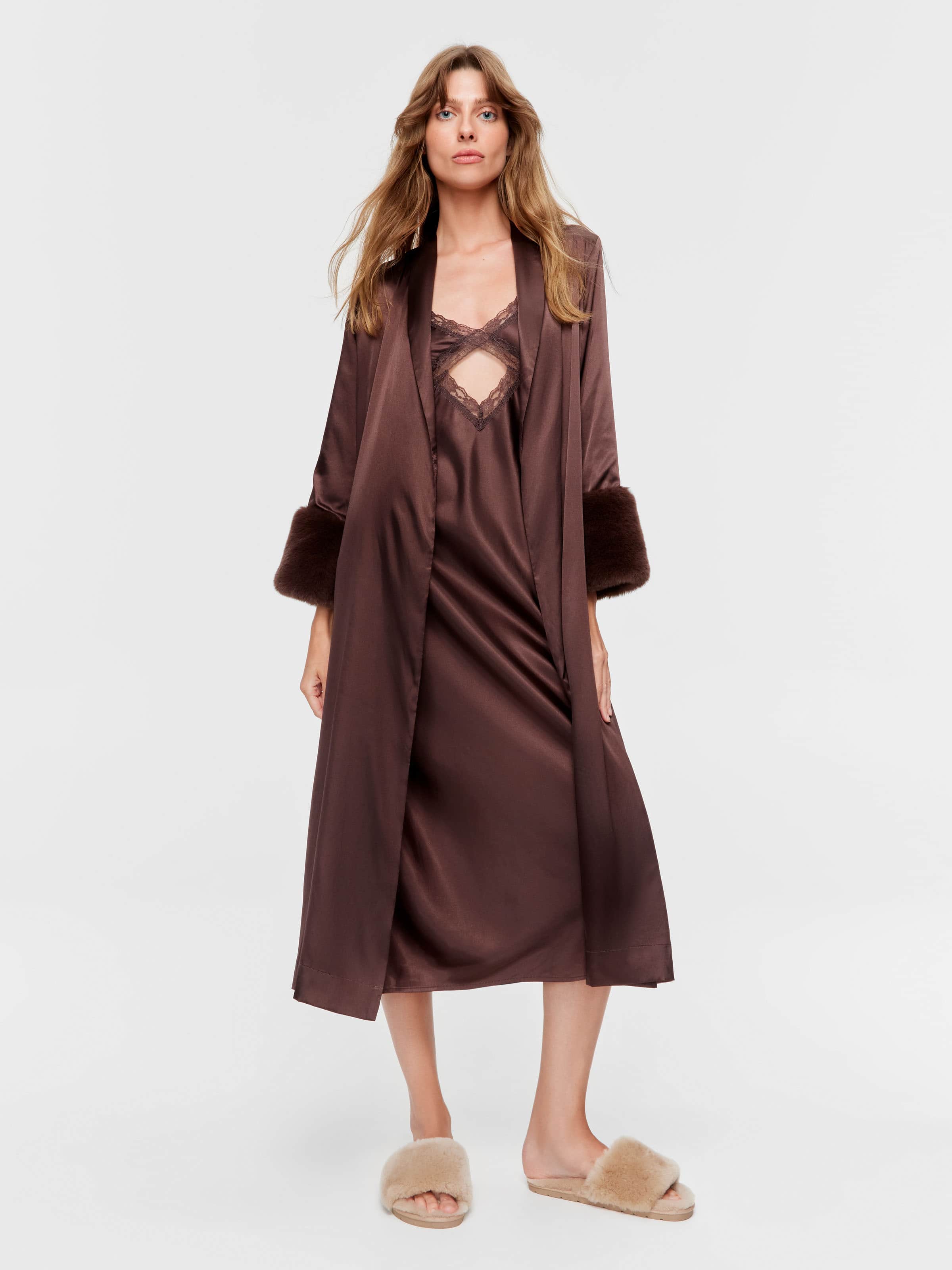 Fur Cuff Satin Dressing Gown