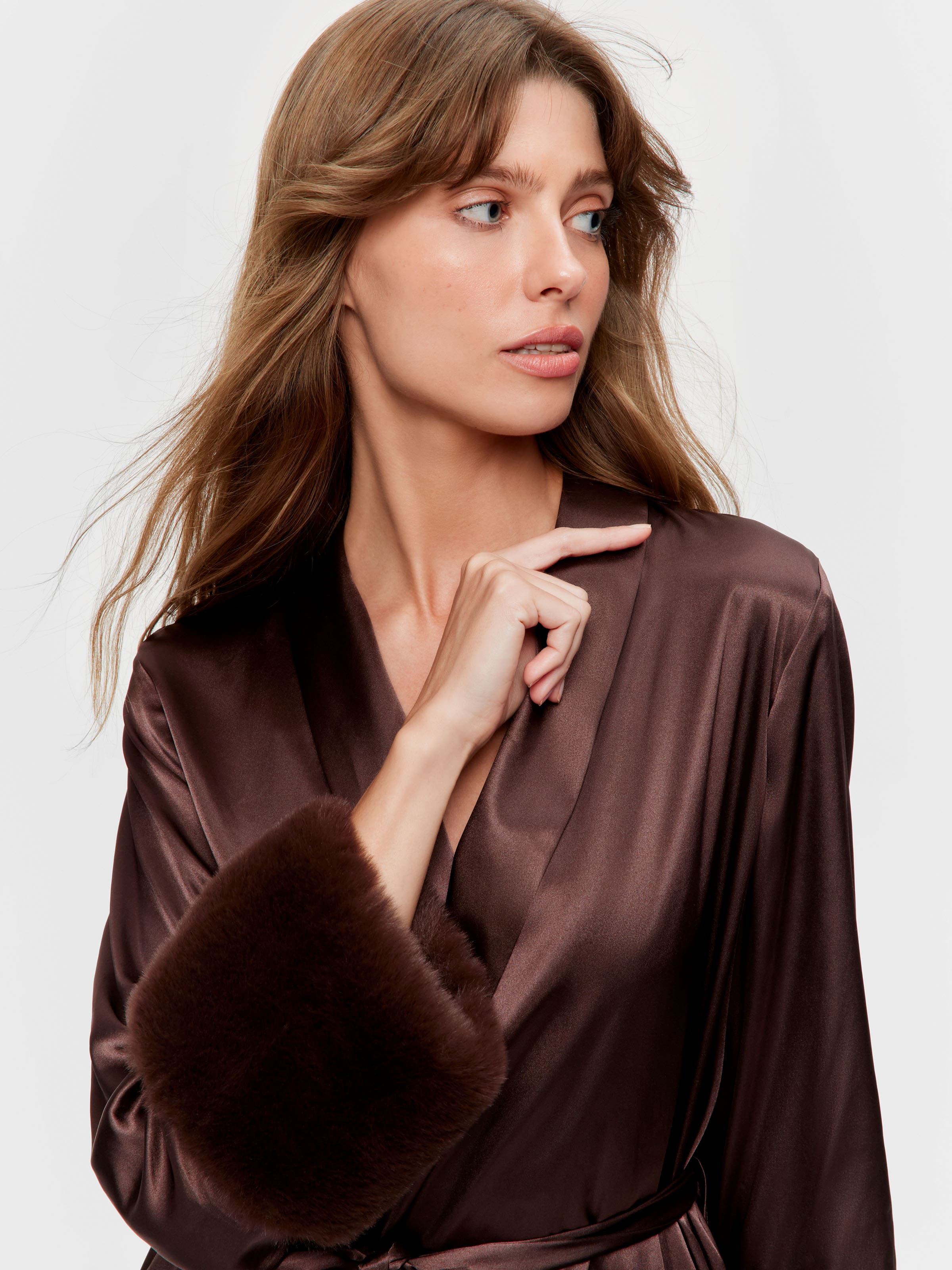 Fur Cuff Satin Dressing Gown