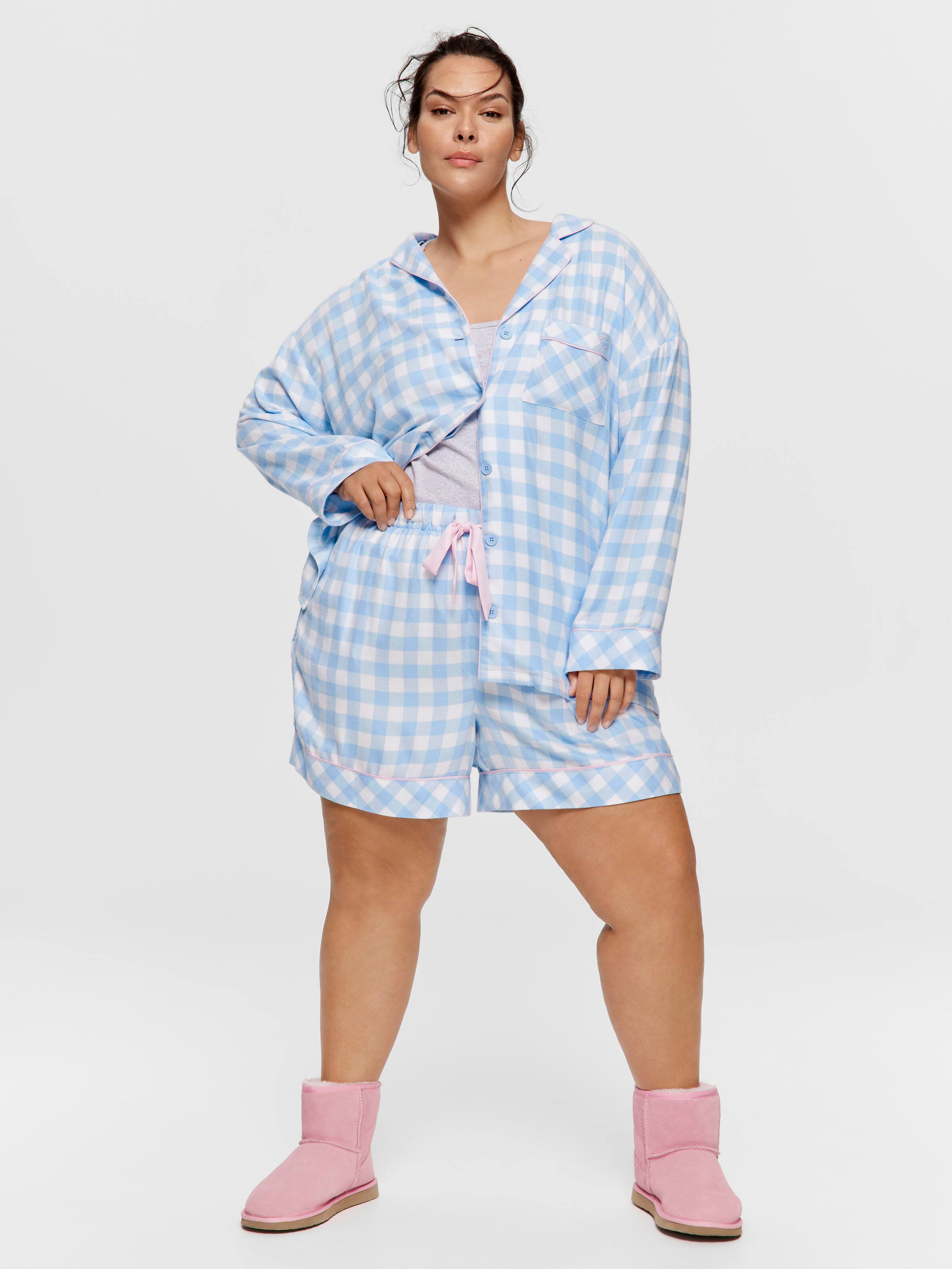 P.A. Plus Blue Gingham Flannelette Mid Short