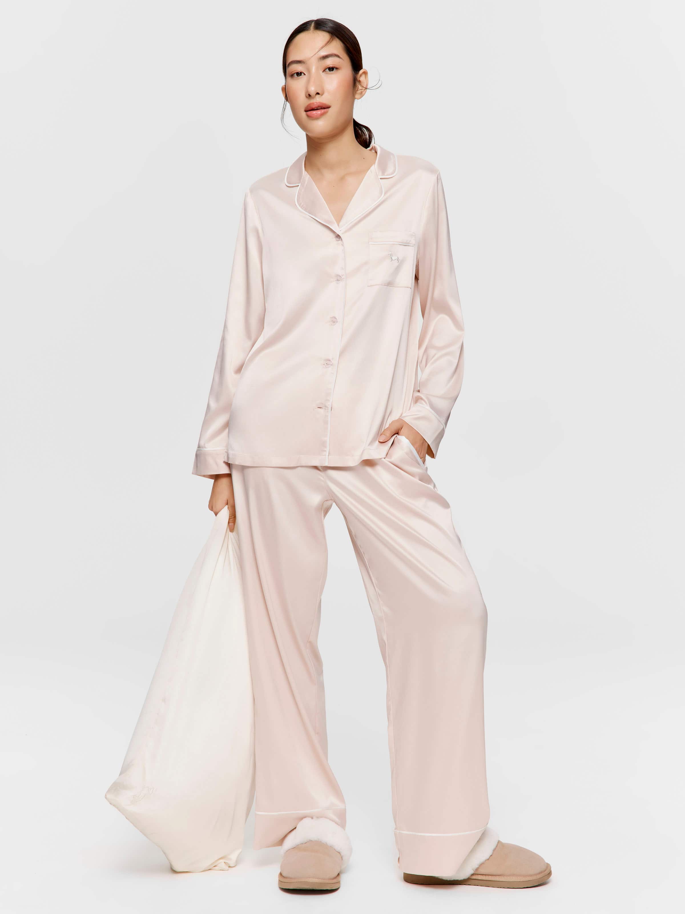 Long Nude Chic Satin Pj Set