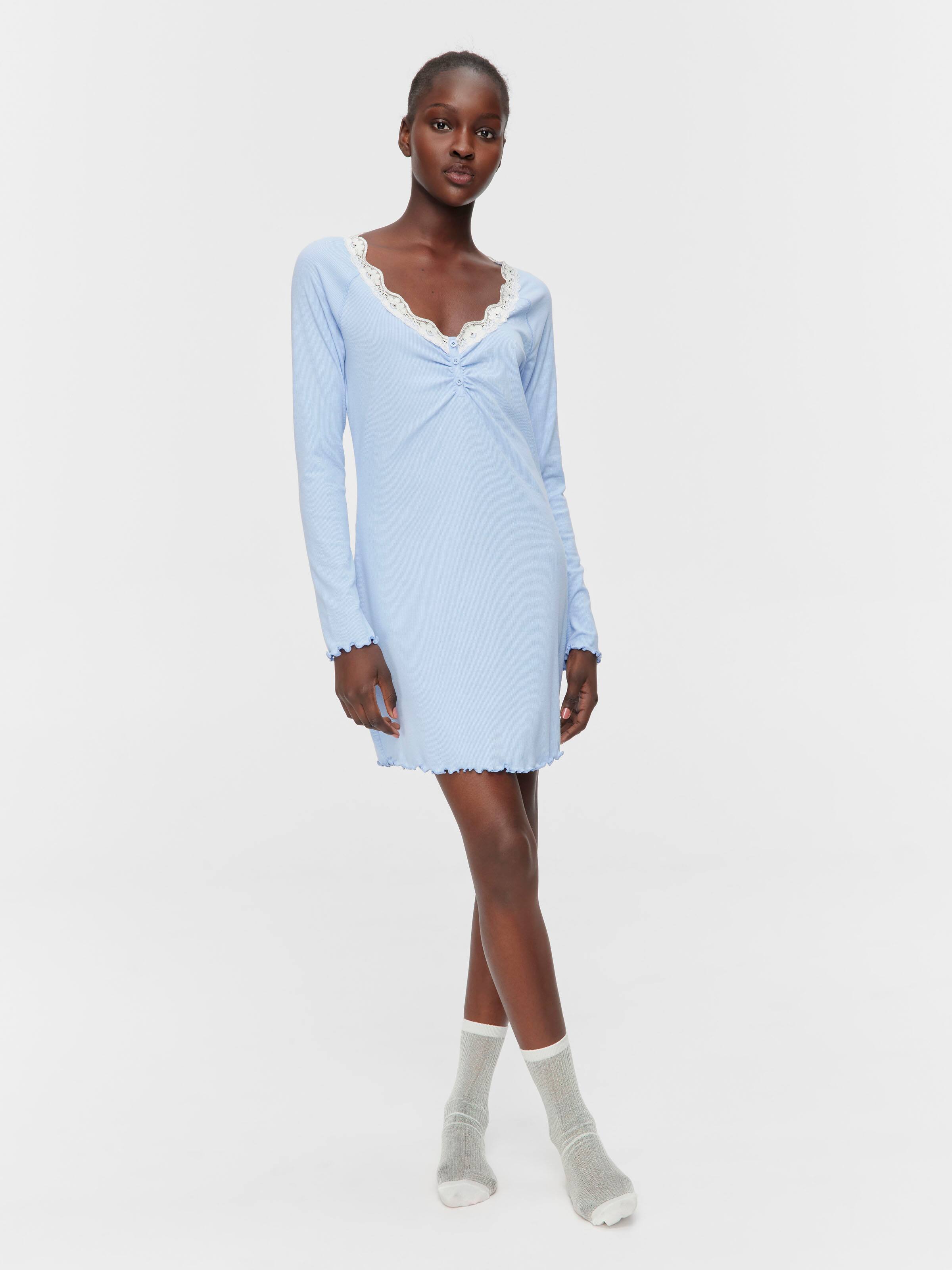 Bamboo Rib Long Sleeve Lace Trim Nightdress