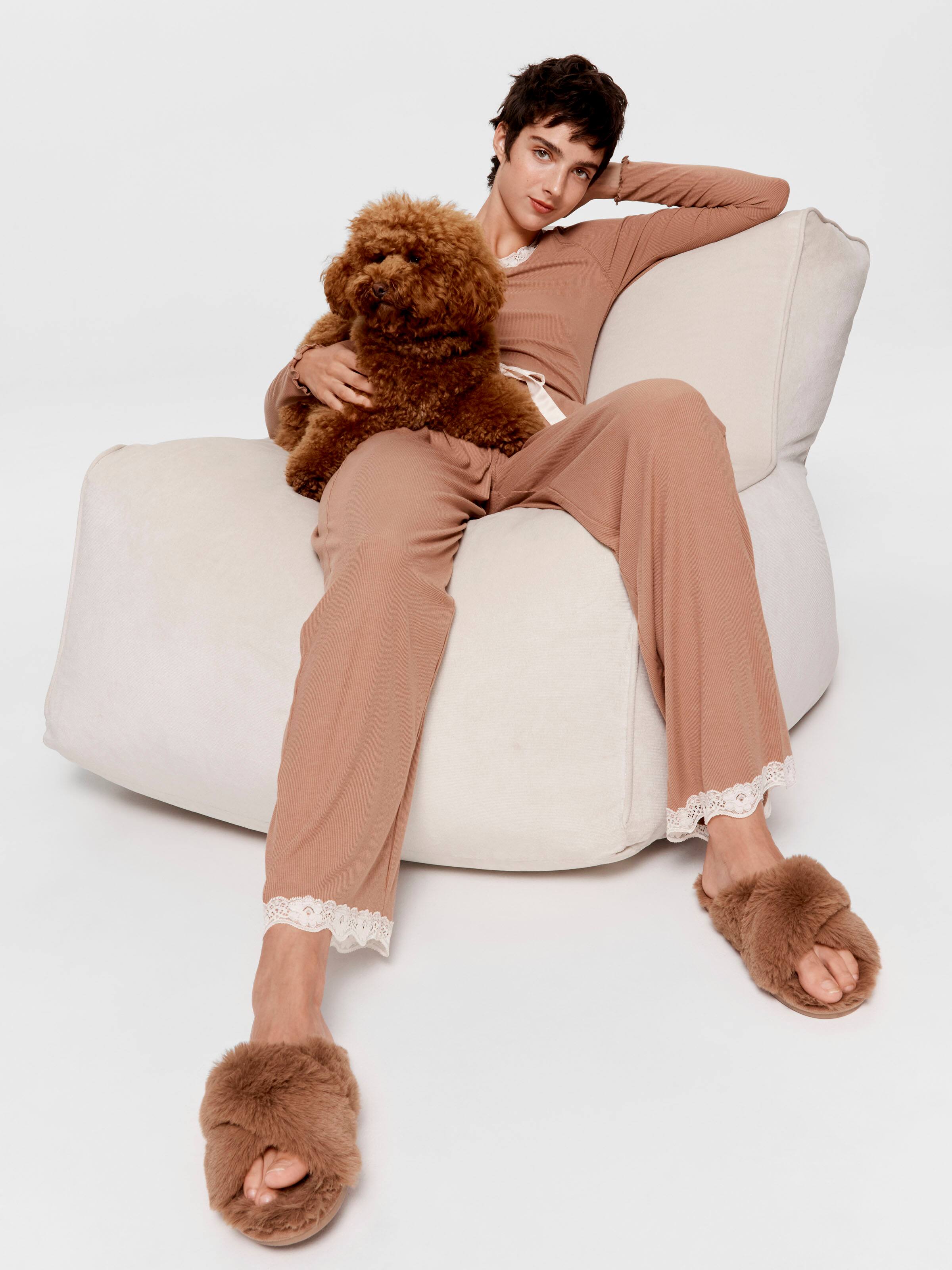 Brown Bamboo Rib Straight Leg Pj Bottom