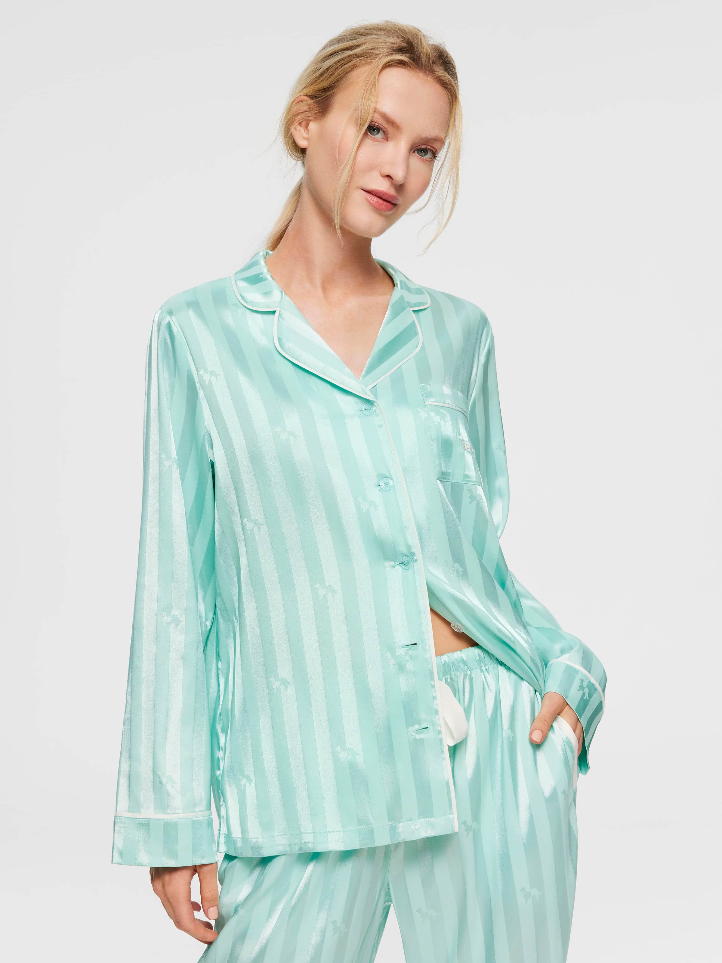 Aqua Penny Stripe Chic Satin Long Pj Set