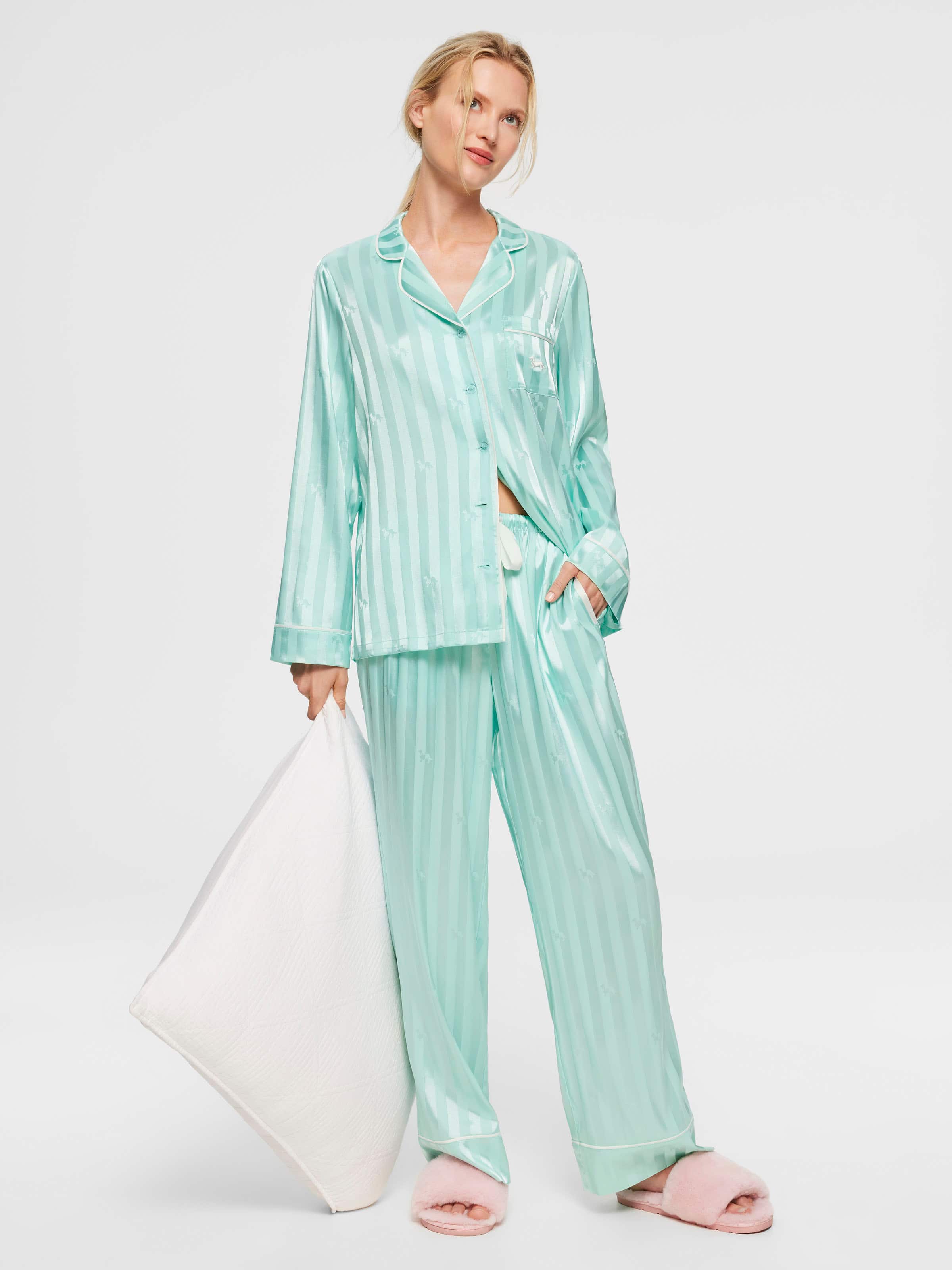 Aqua Penny Stripe Chic Satin Long Pj Set