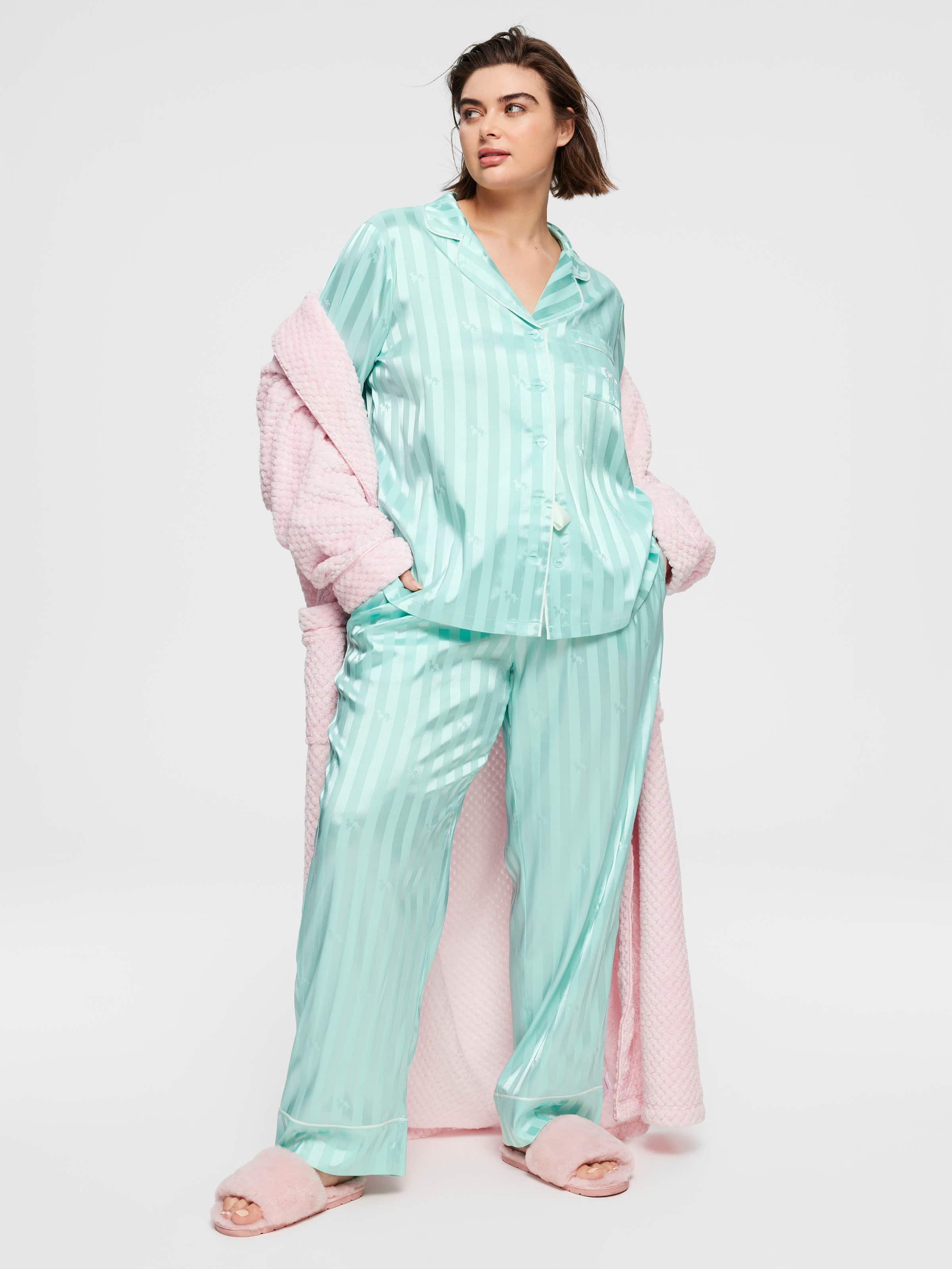 P.A. Plus Aqua Penny Stripe Chic Satin Long Pj Set