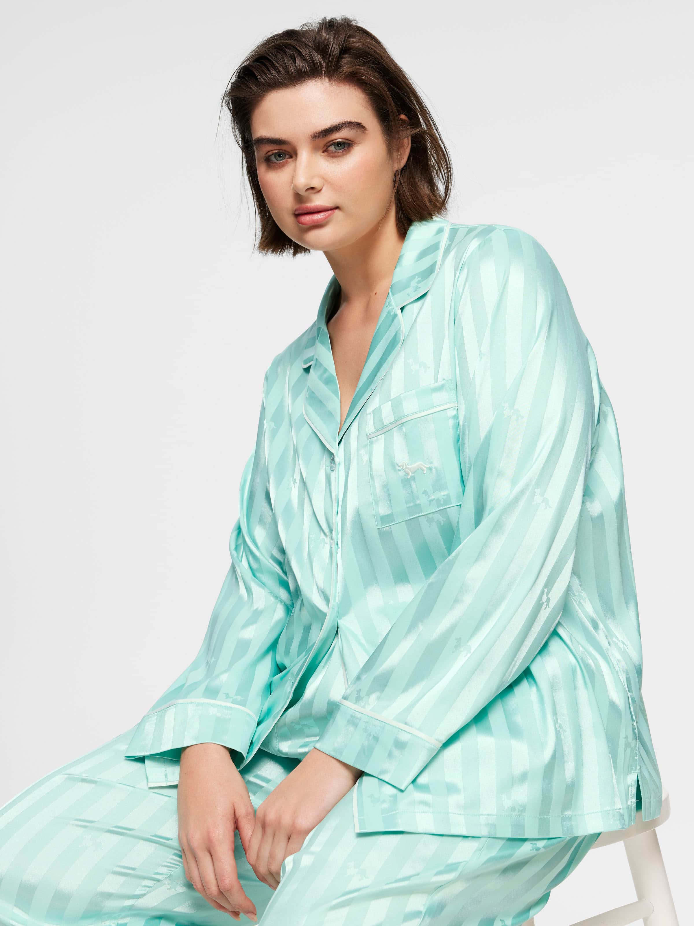 P.A. Plus Aqua Penny Stripe Chic Satin Long Pj Set