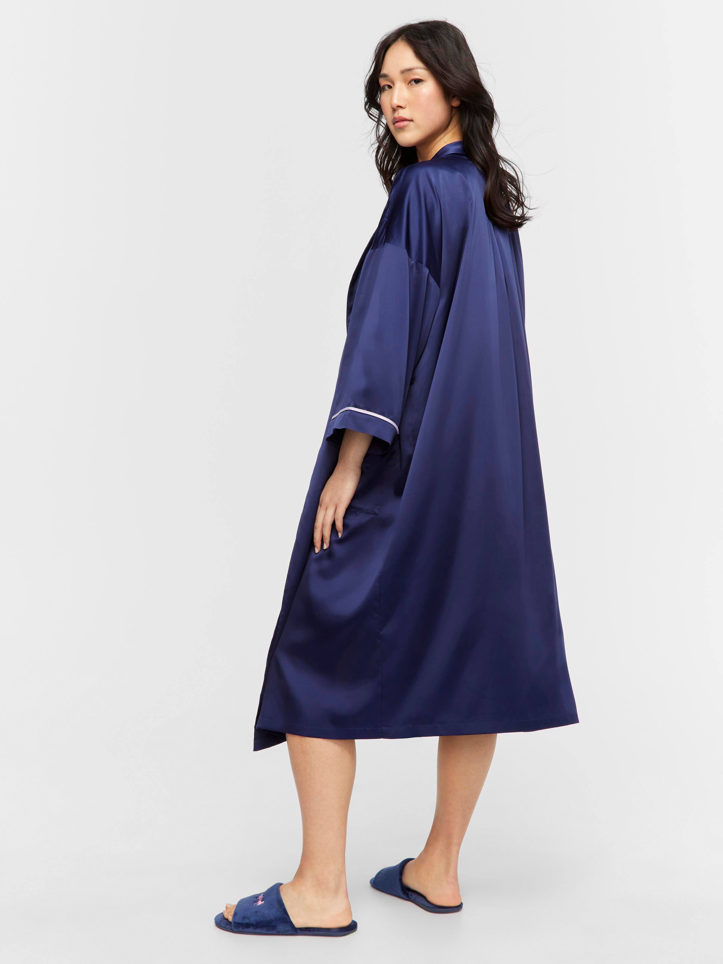 Image for Long Navy Satin Dressing Gown from Peter Alexander