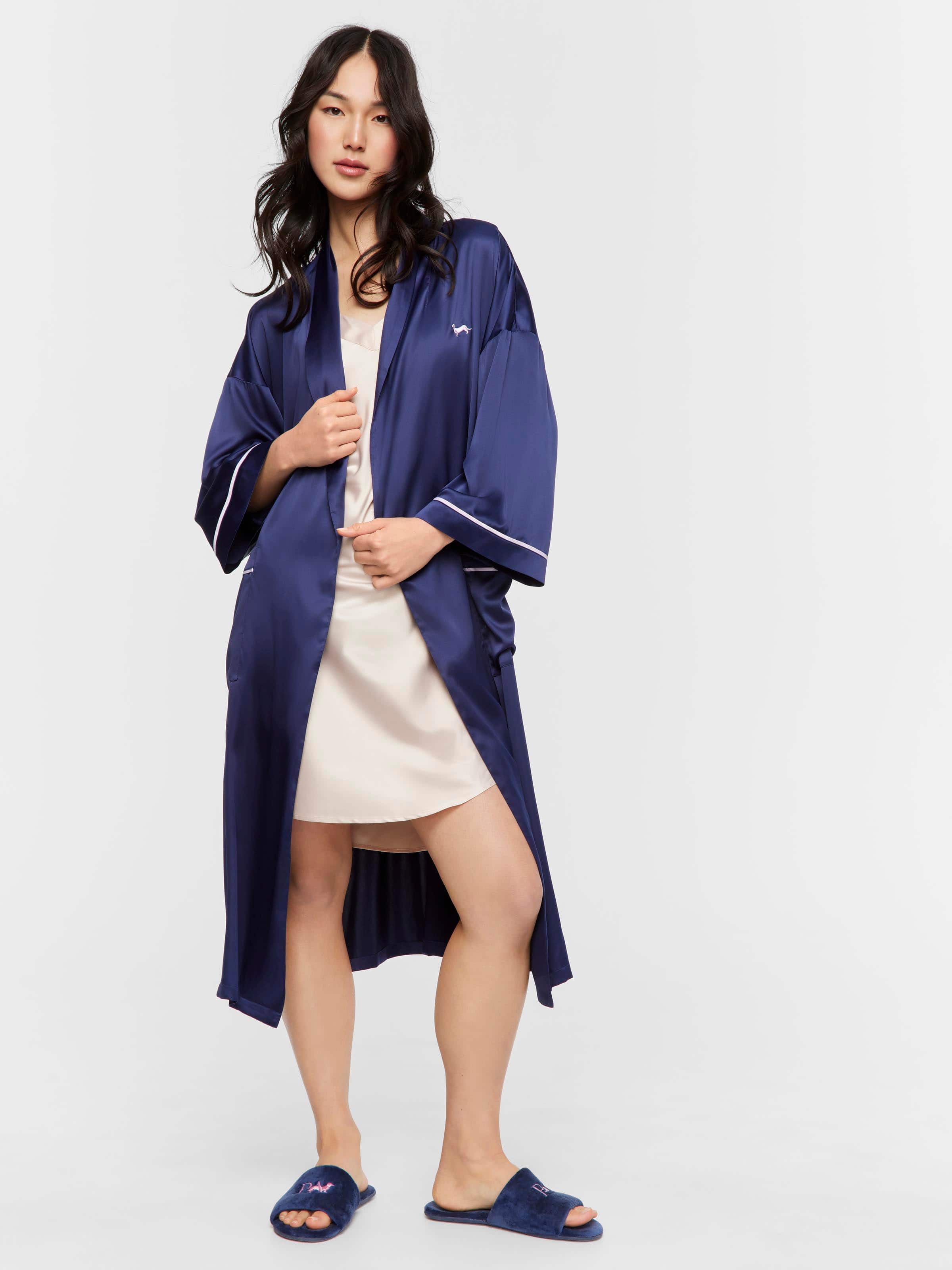 Long Navy Satin Dressing Gown