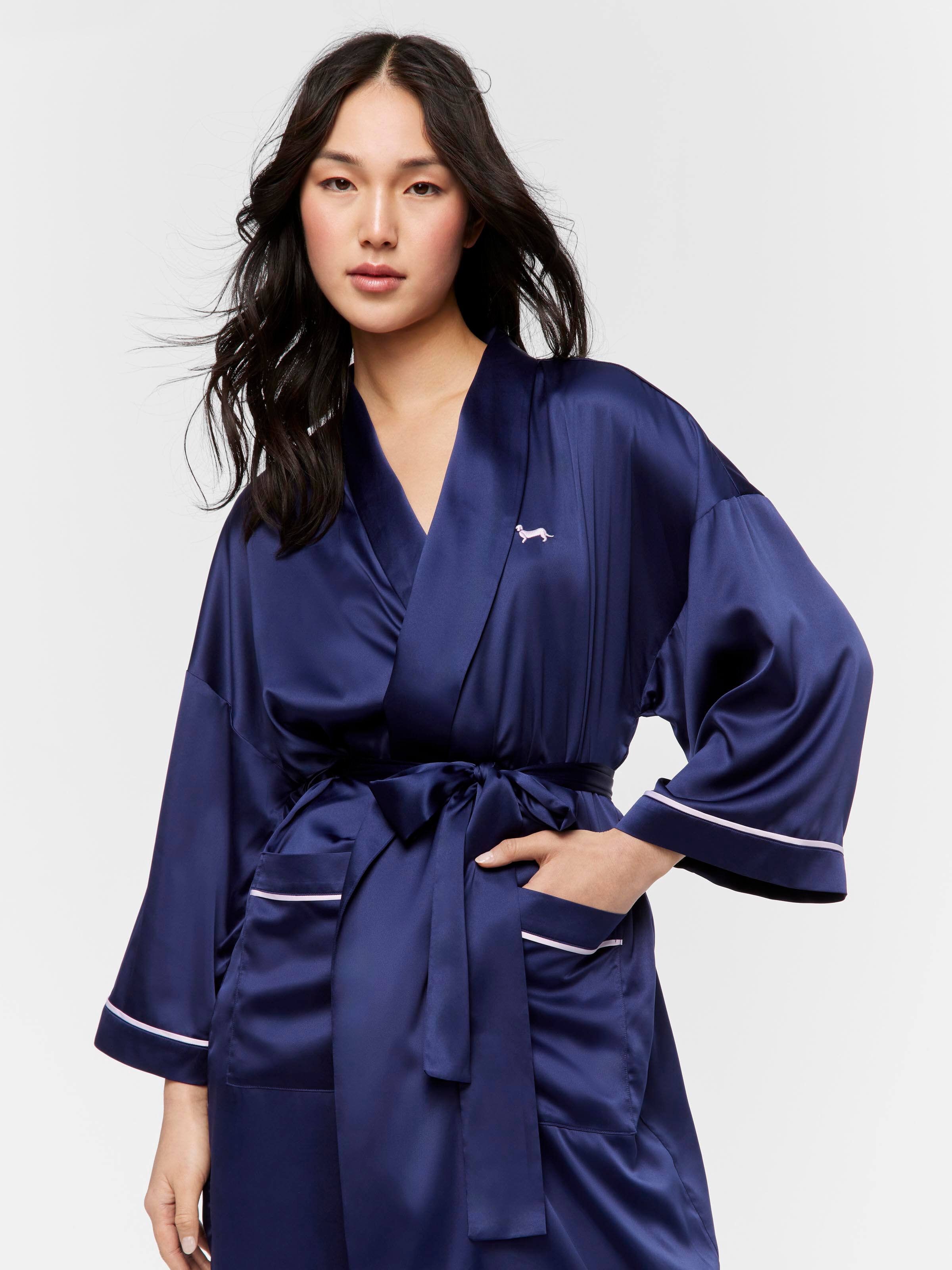 Long Navy Satin Dressing Gown