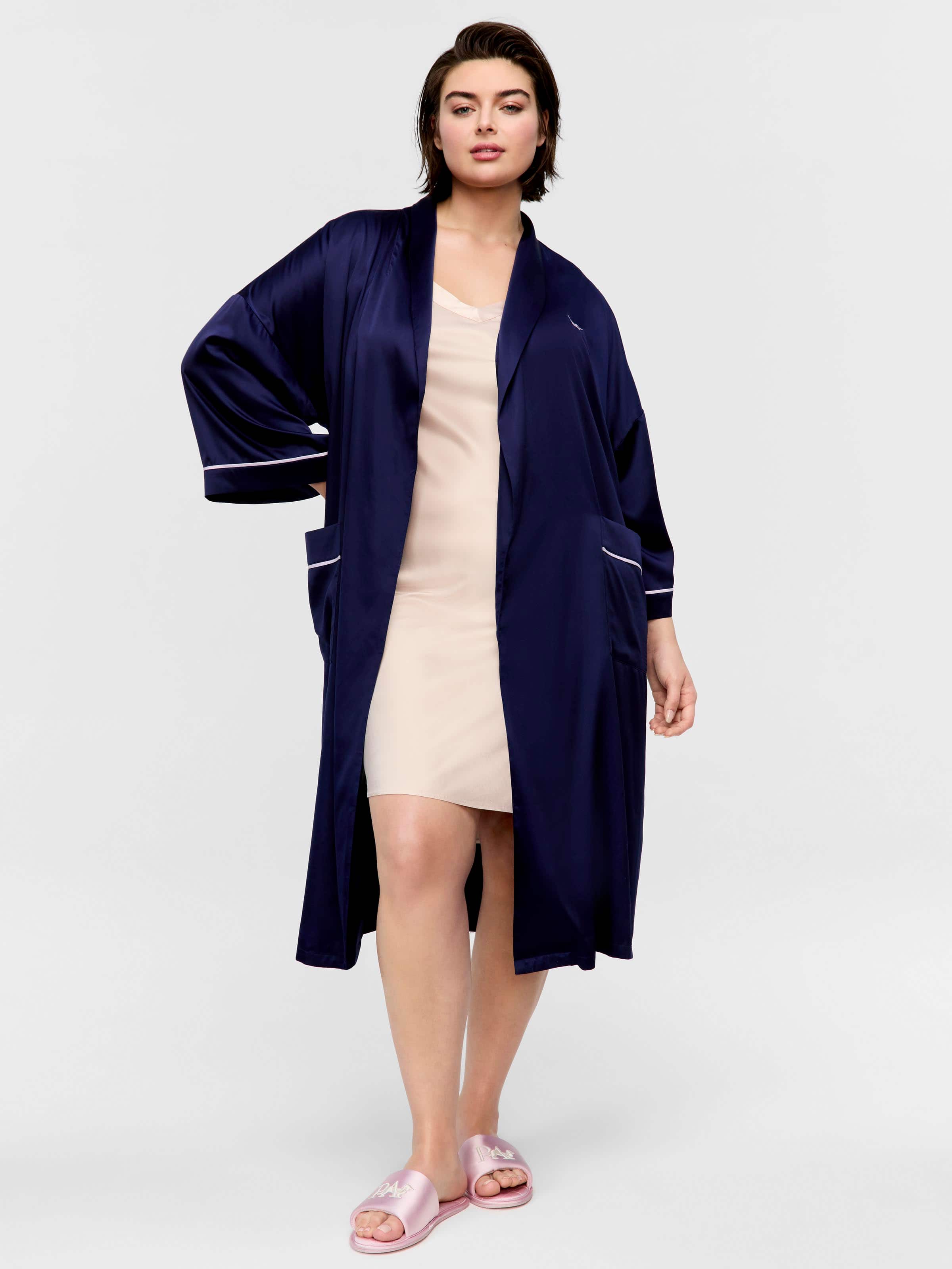 P.A. Plus Long Navy Satin Dressing Gown