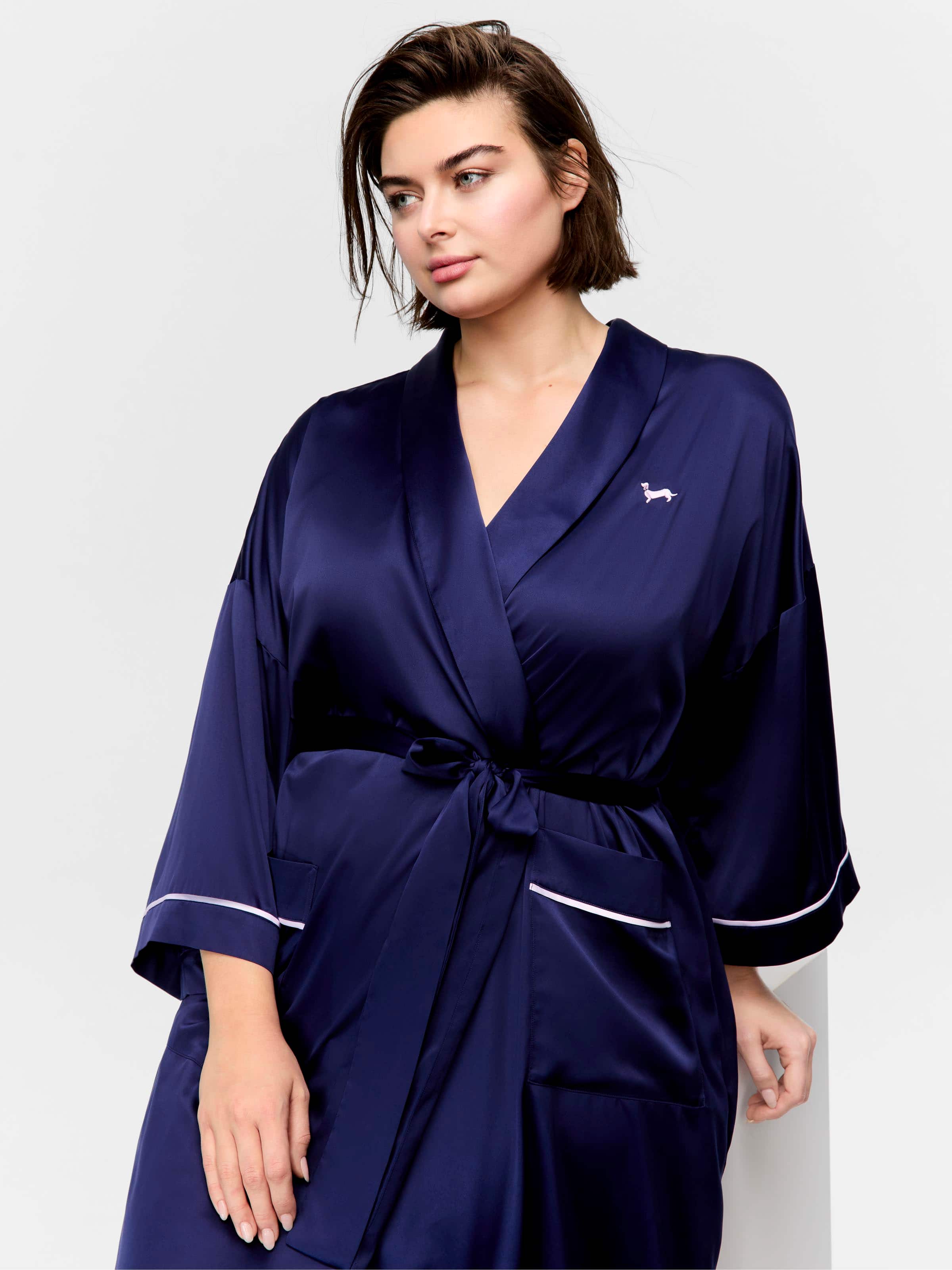 P.A. Plus Long Navy Satin Dressing Gown