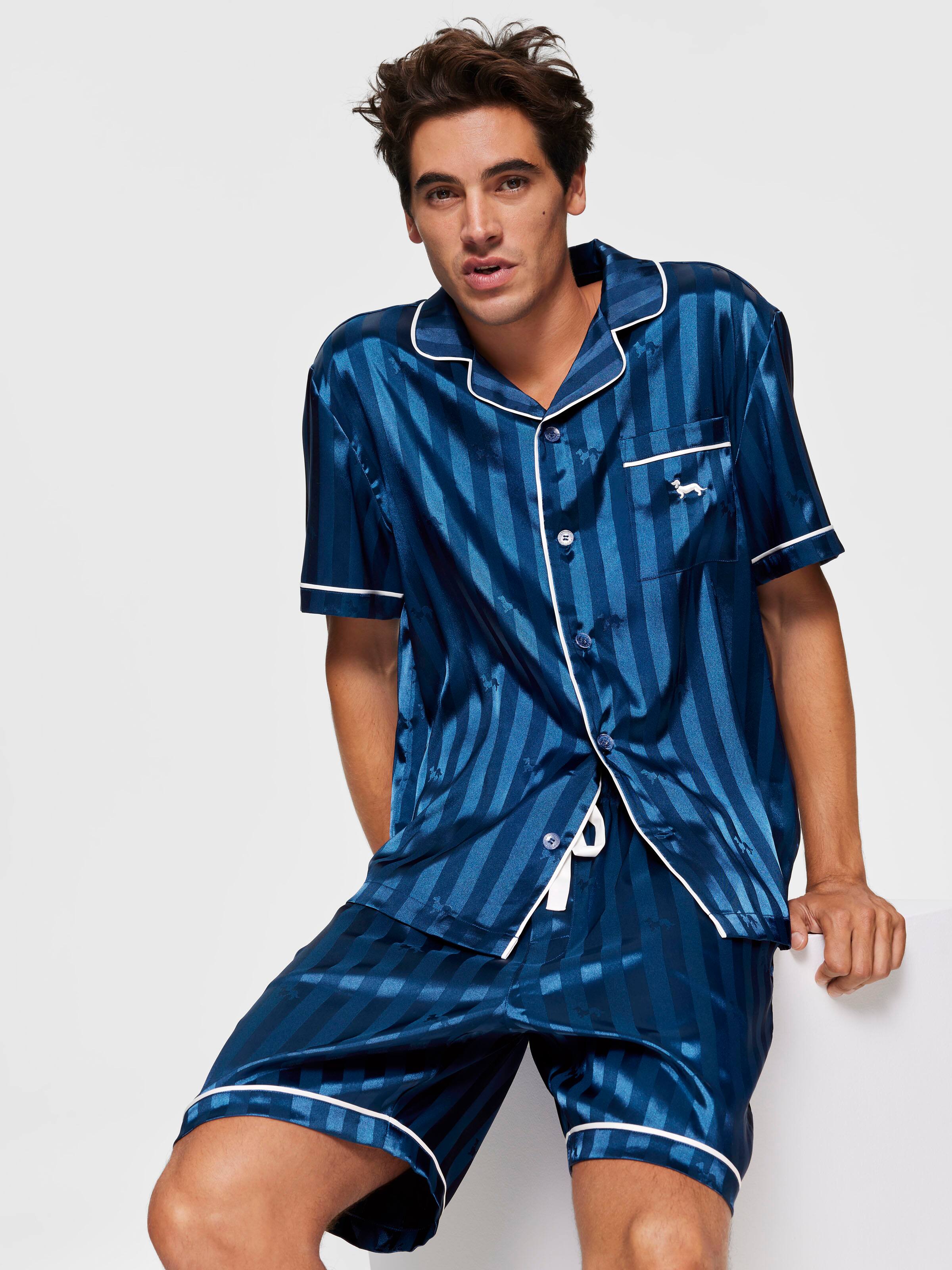 Navy Penny Self Stripe Chic Satin Pj Set