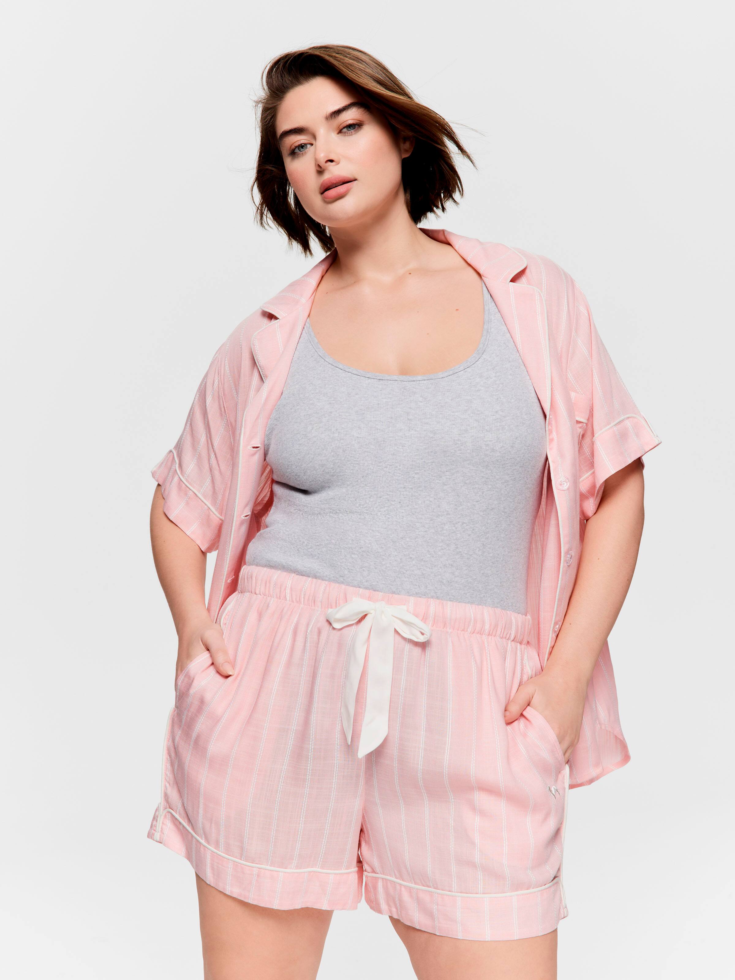 P.A. Plus Light Pink Stripe 100% Textured Viscose Mid Short