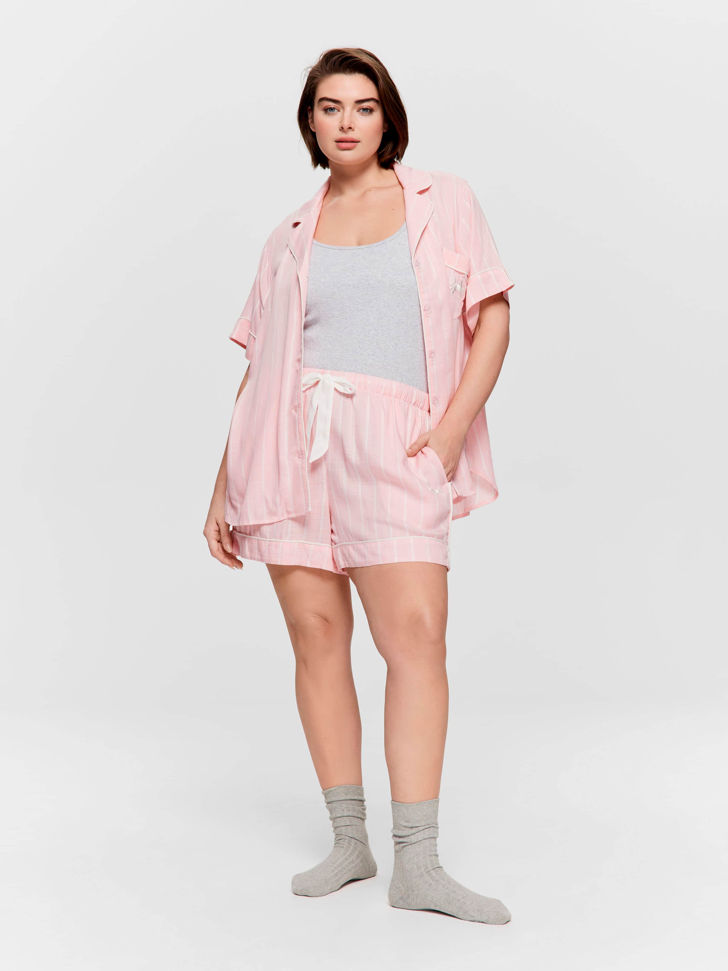 P.A. Plus Light Pink Stripe 100% Textured Viscose Mid Short