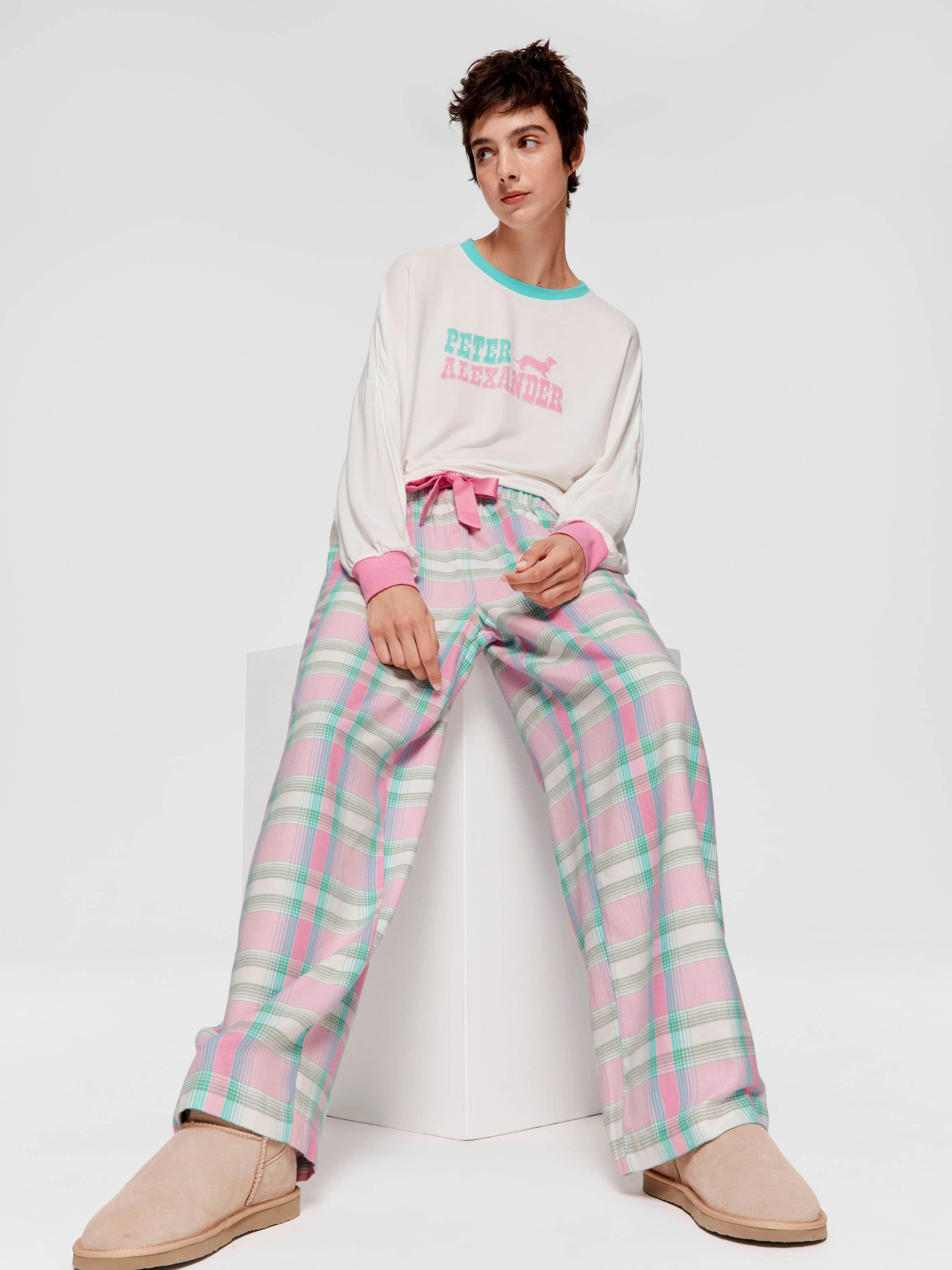 Pink Check Wide Leg Bamboo Flannelette Pj Bottom
