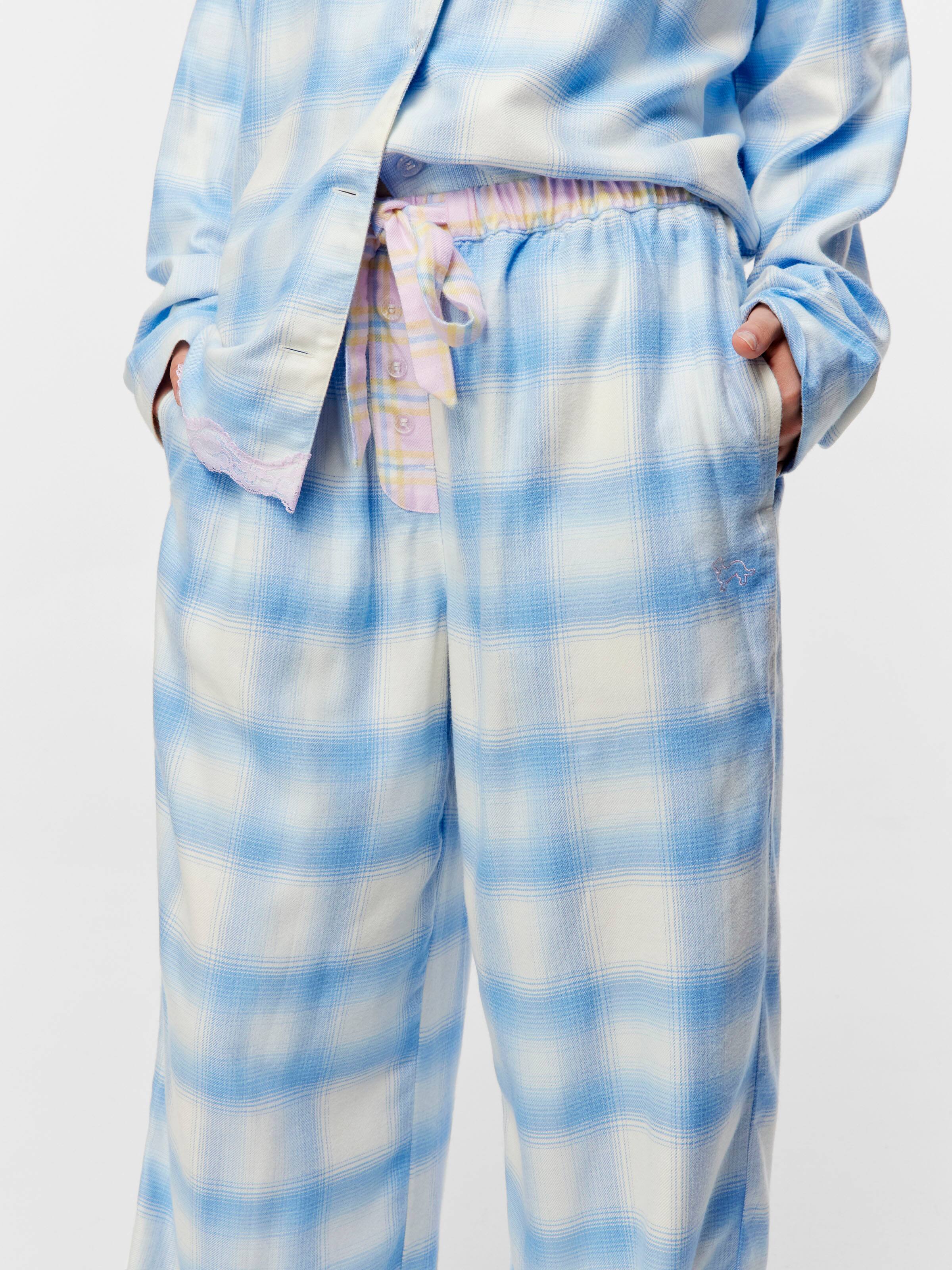 Soft Blue Contrast Check Viscose Flannelette Classic Pj Bottom