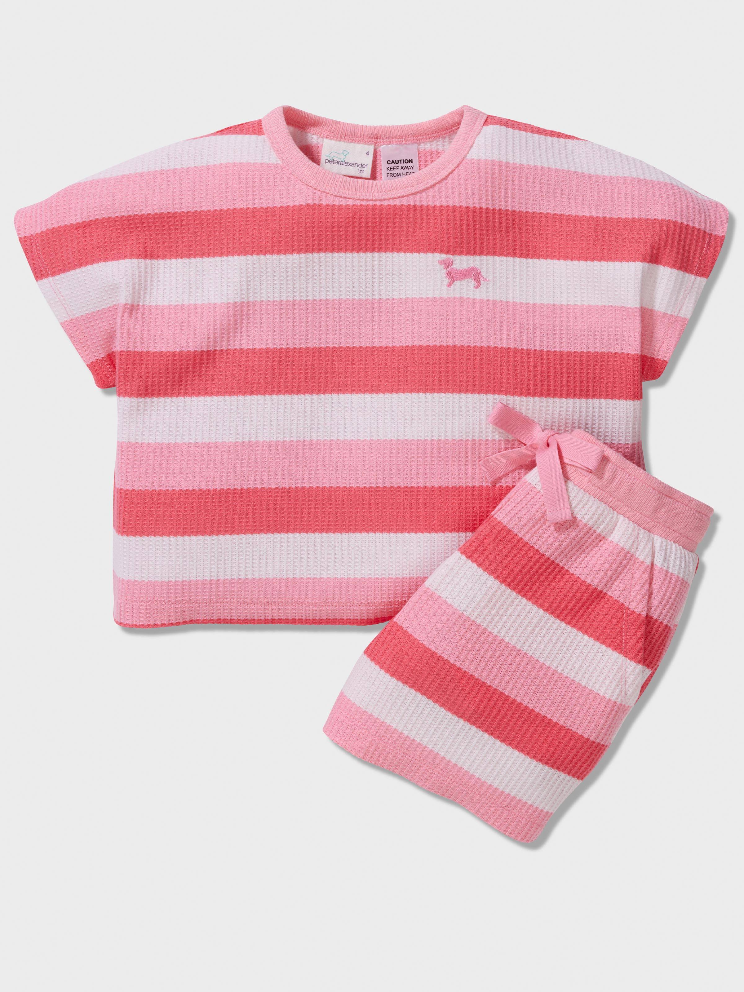 Girls Coral Stripe Waffle Pj Set