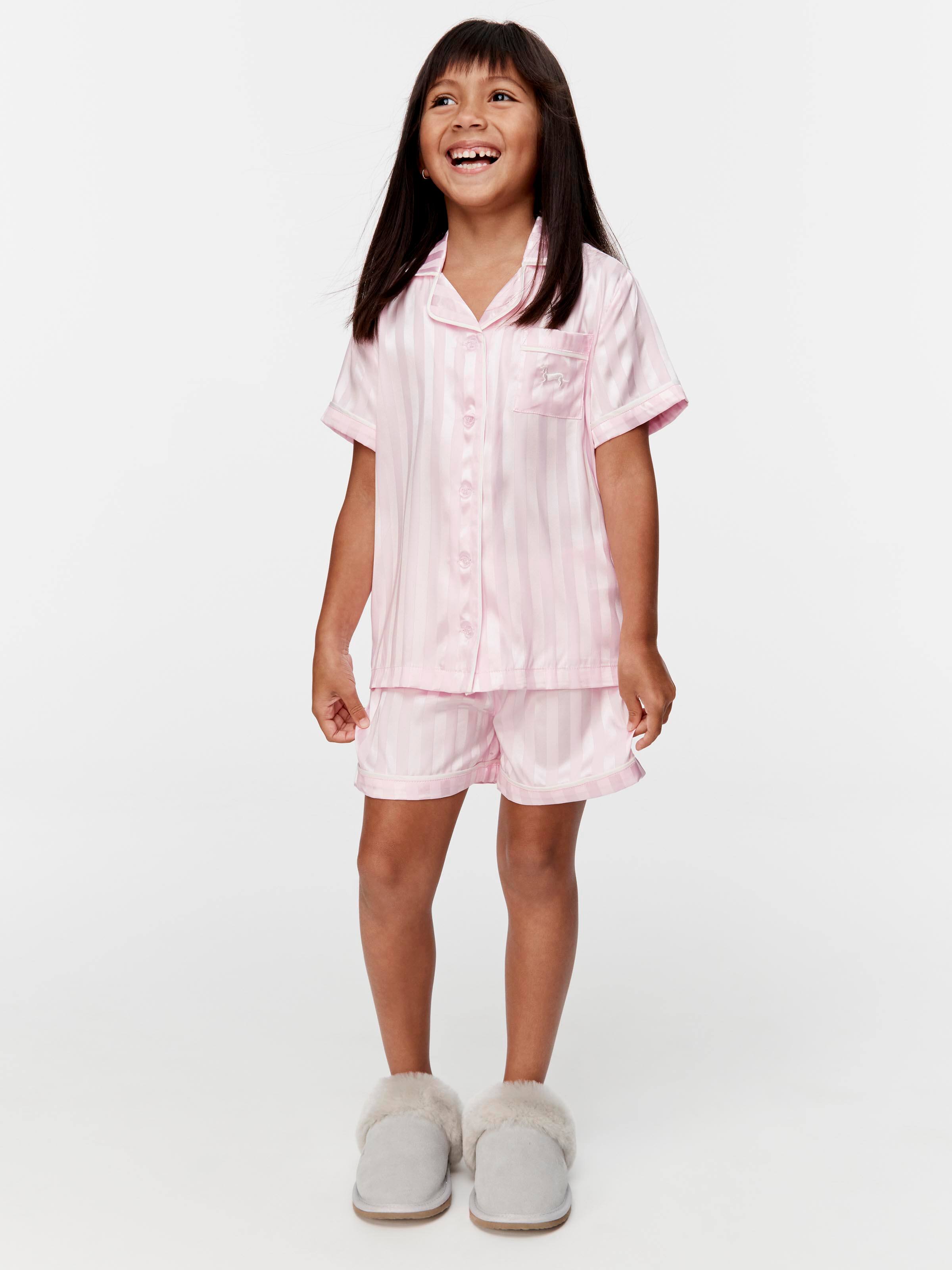 Jnr Girls Pink Stripe Satin Pj Set