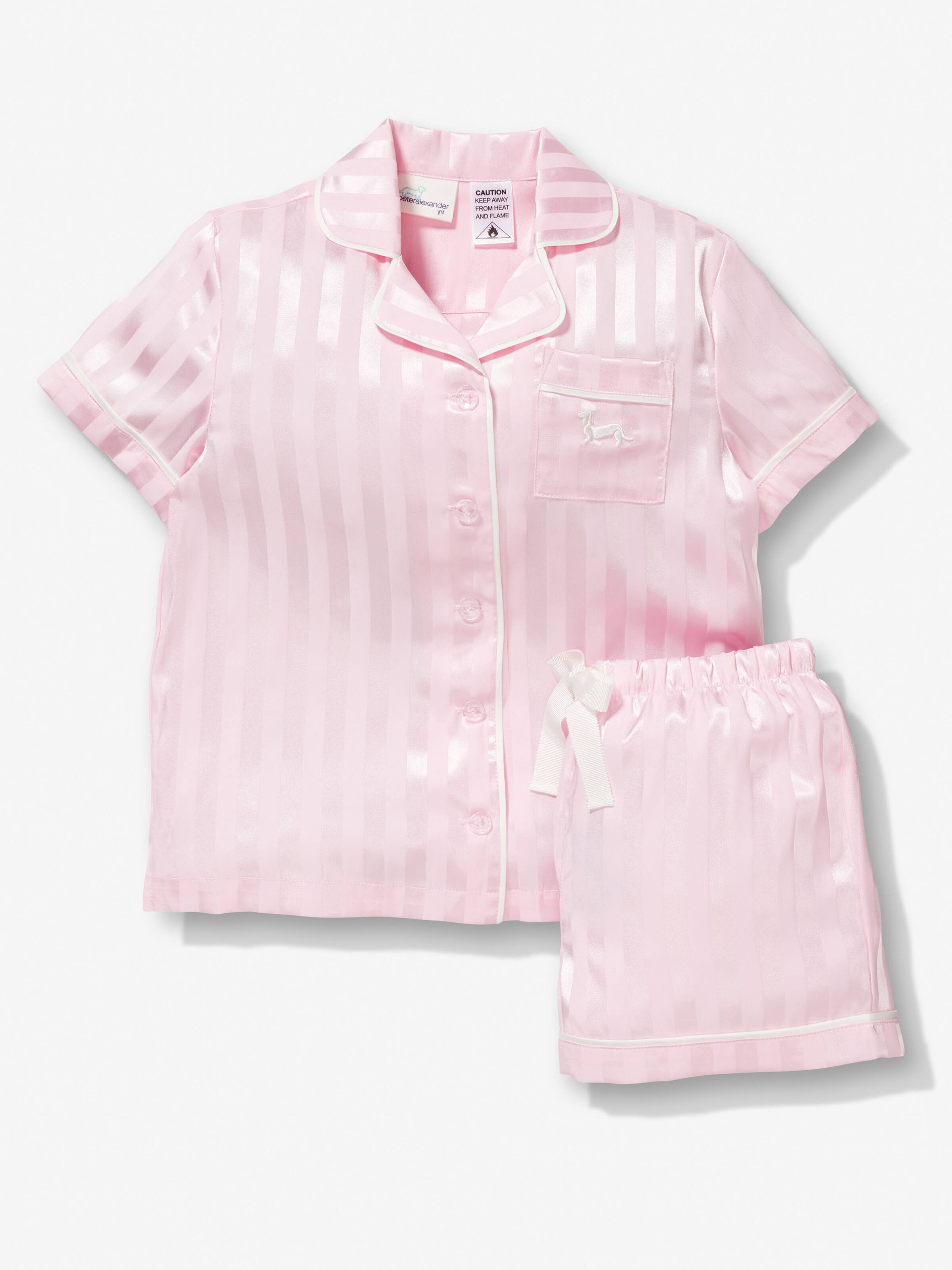 Girls Pink Stripe Satin Short Pj Set