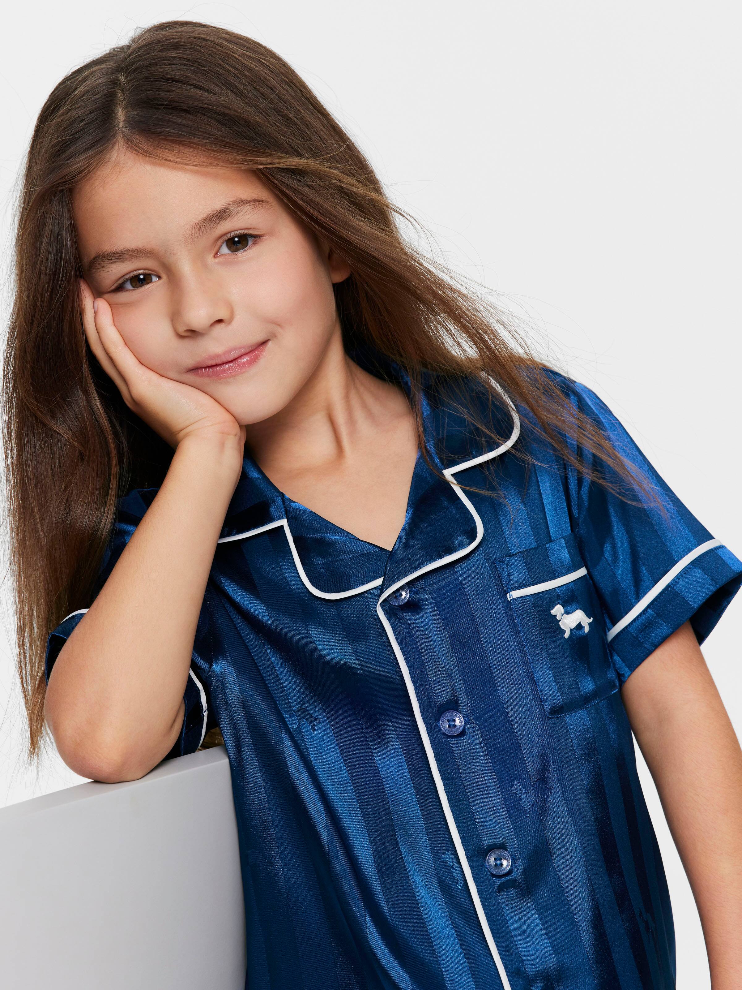Jnr Kids Navy Penny Stripe Satin Pj Set