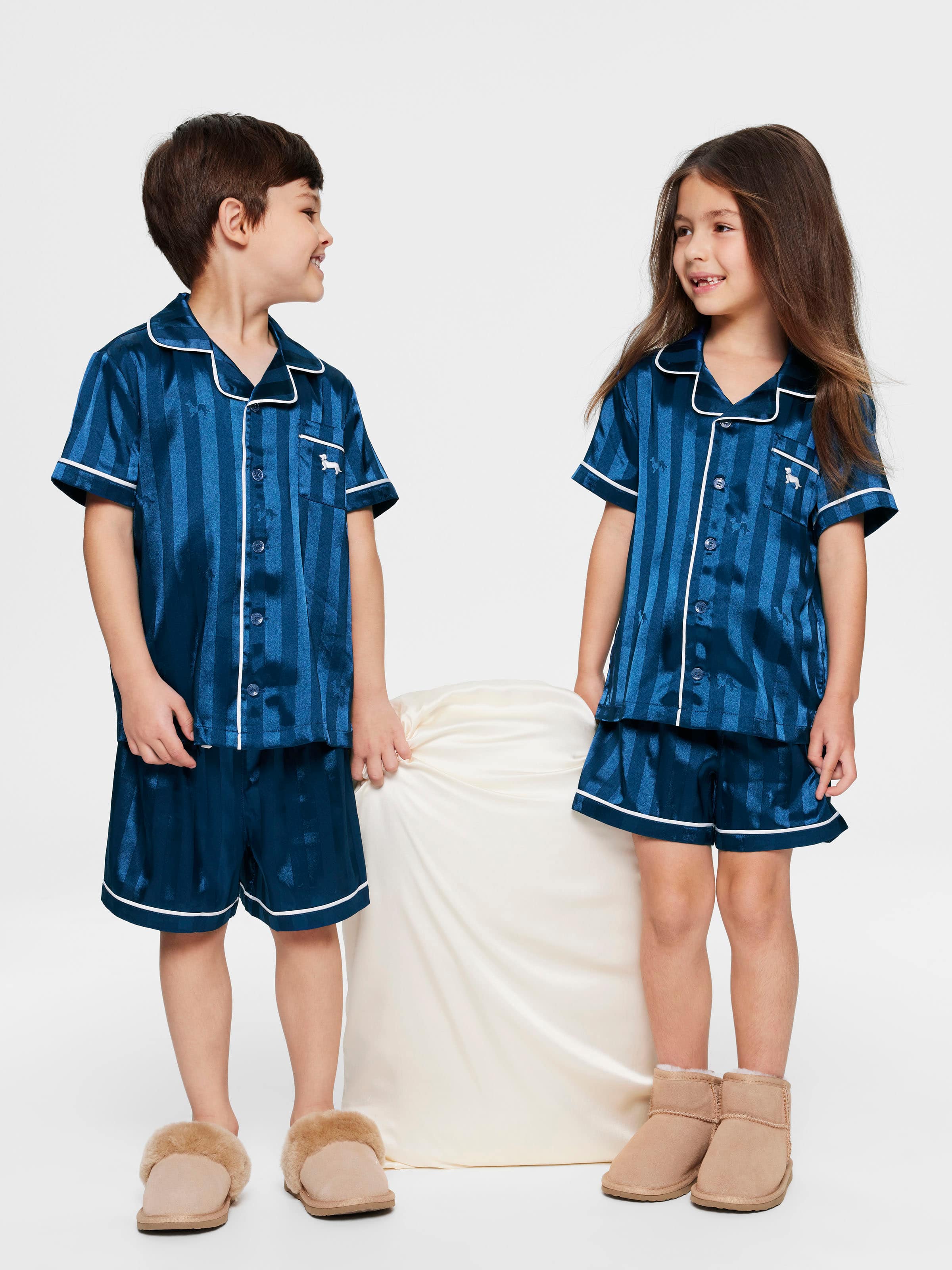 Jnr Kids Navy Penny Stripe Satin Pj Set