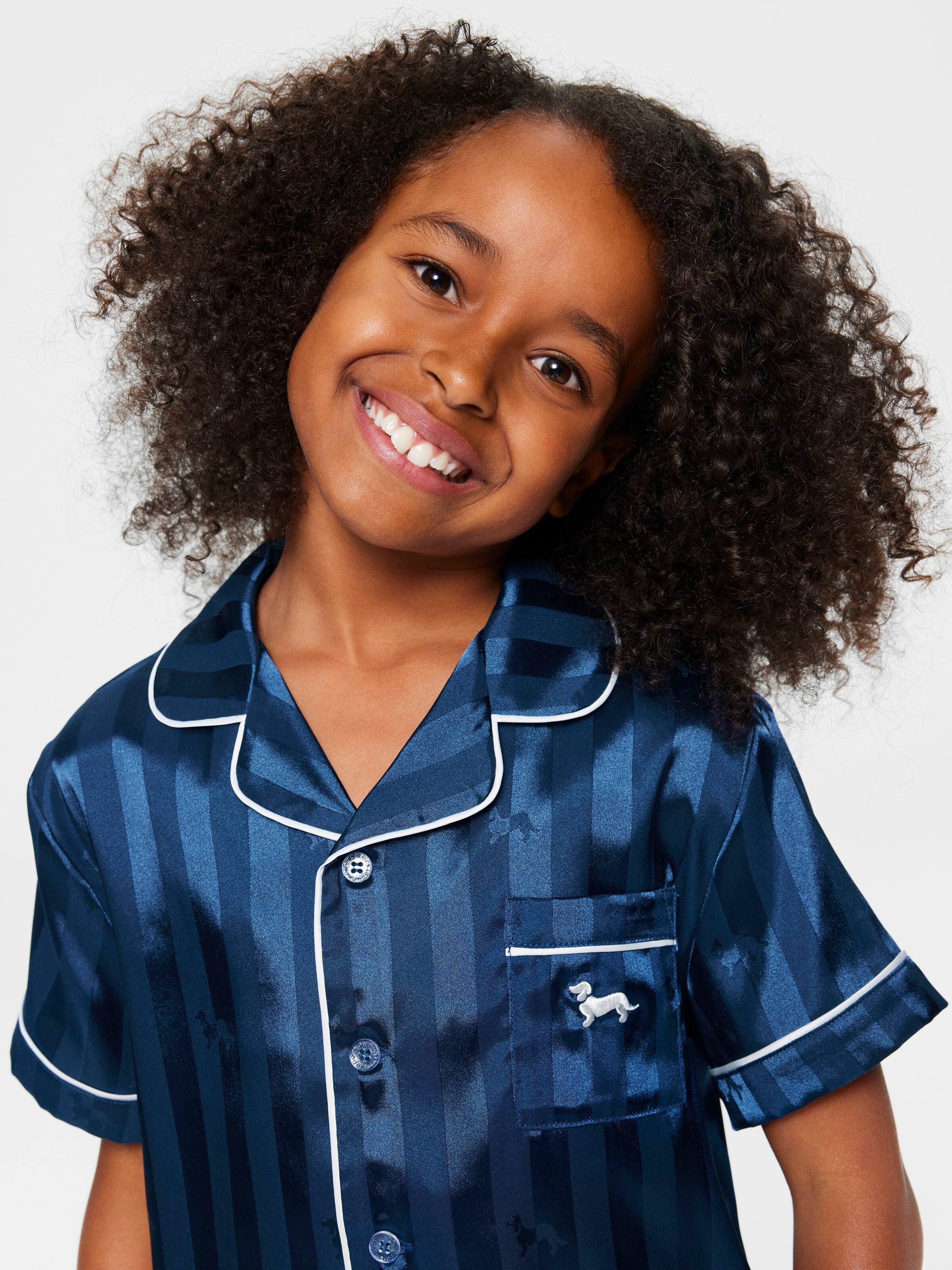 Kids Navy Penny Stripe Satin Pj Set