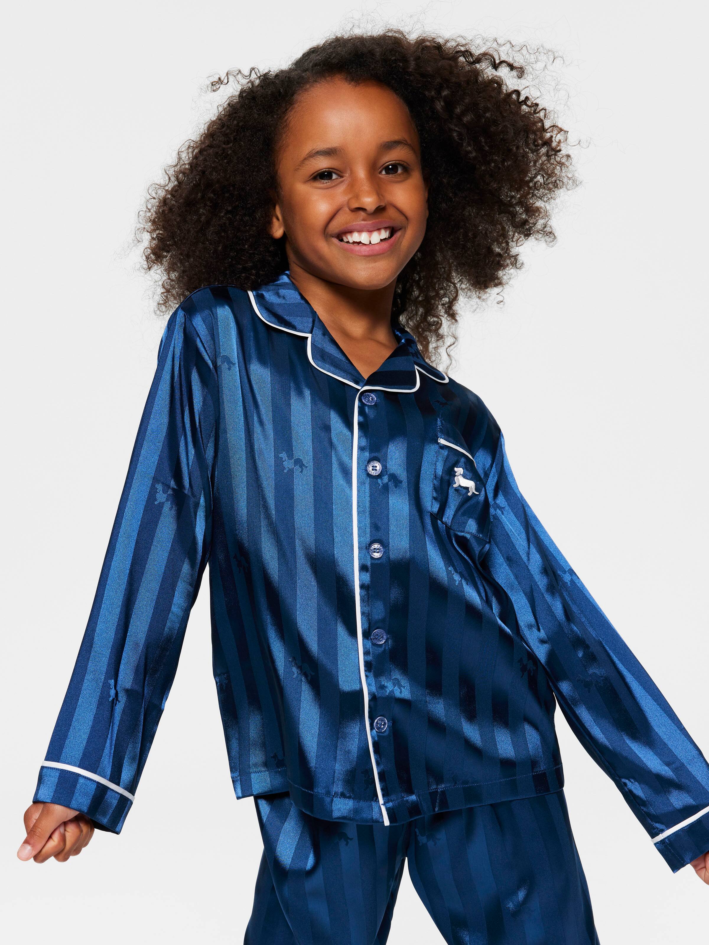 Kids Navy Long Satin Pj Set