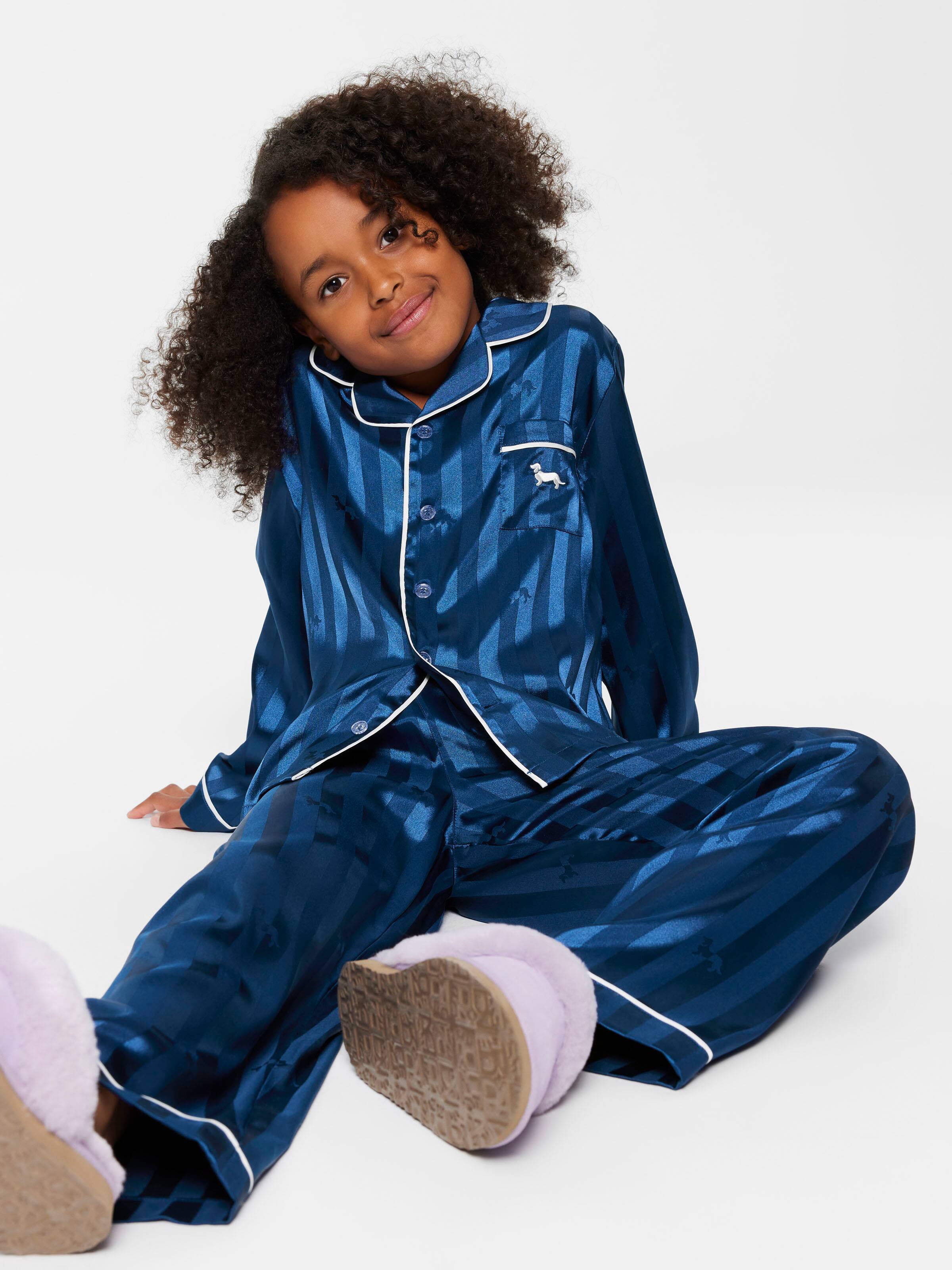 Kids Navy Long Satin Pj Set