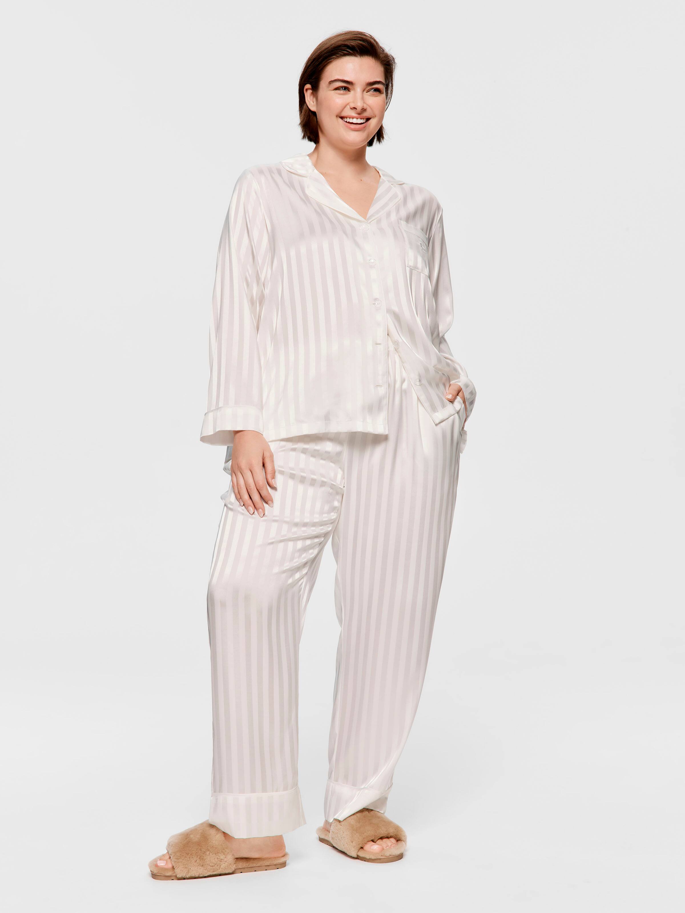 P.A. Plus White Stripe Chic Satin Long Sleeve Pj Set