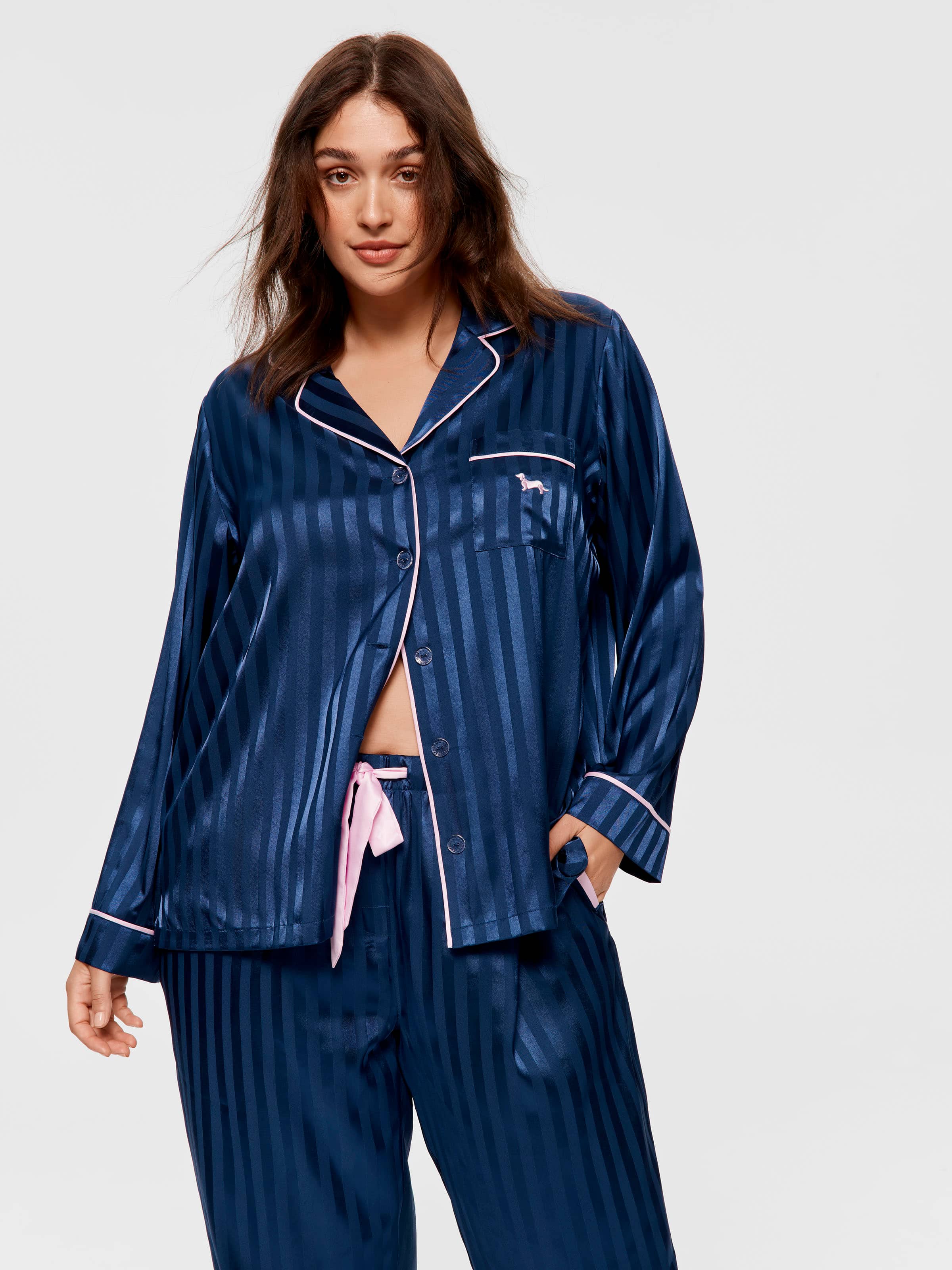Image for P.A. Plus Navy Stripe Chic Satin Long Sleeve Pj Set from Peter Alexander