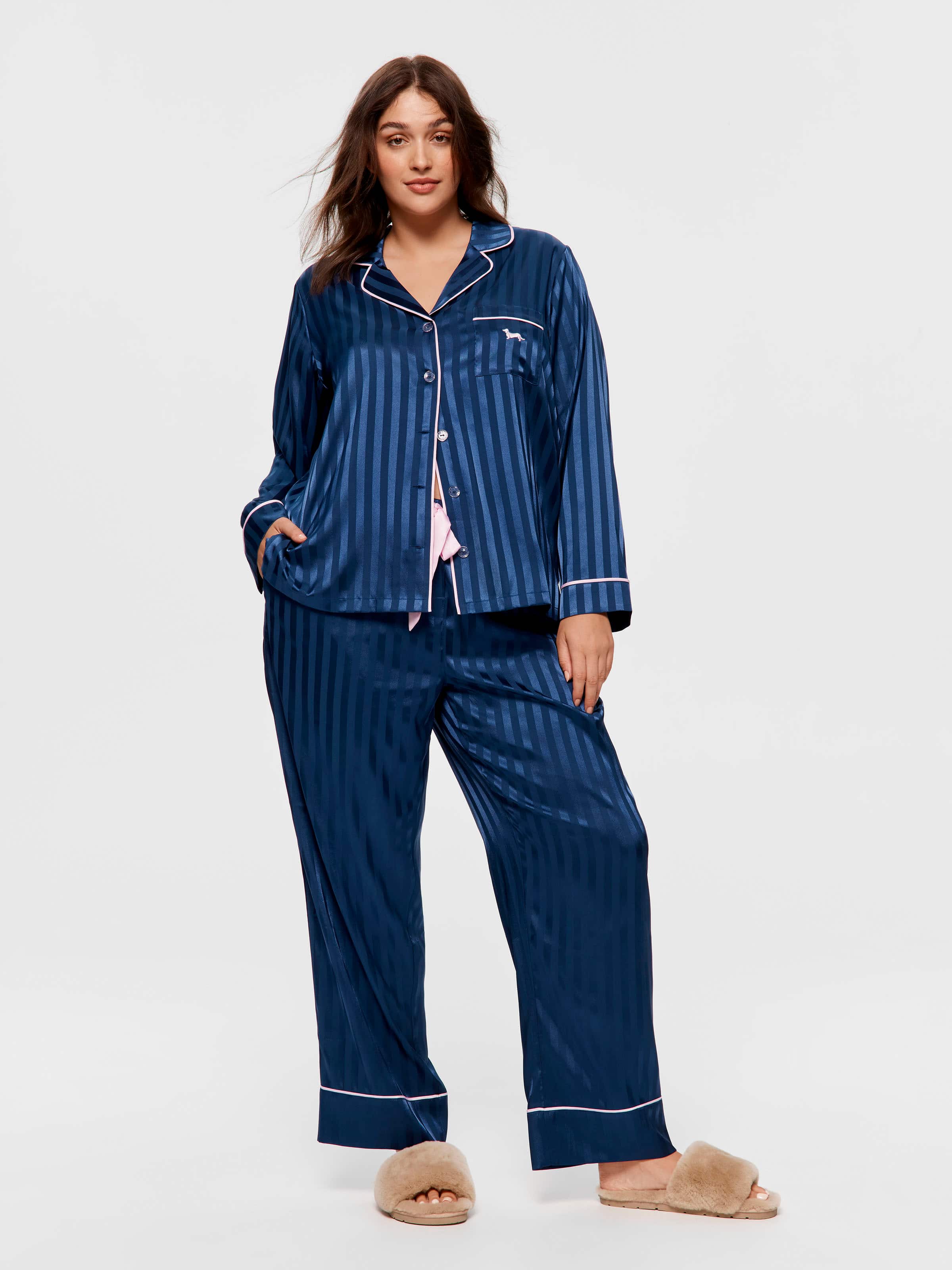 Image for P.A. Plus Navy Stripe Chic Satin Long Sleeve Pj Set from Peter Alexander