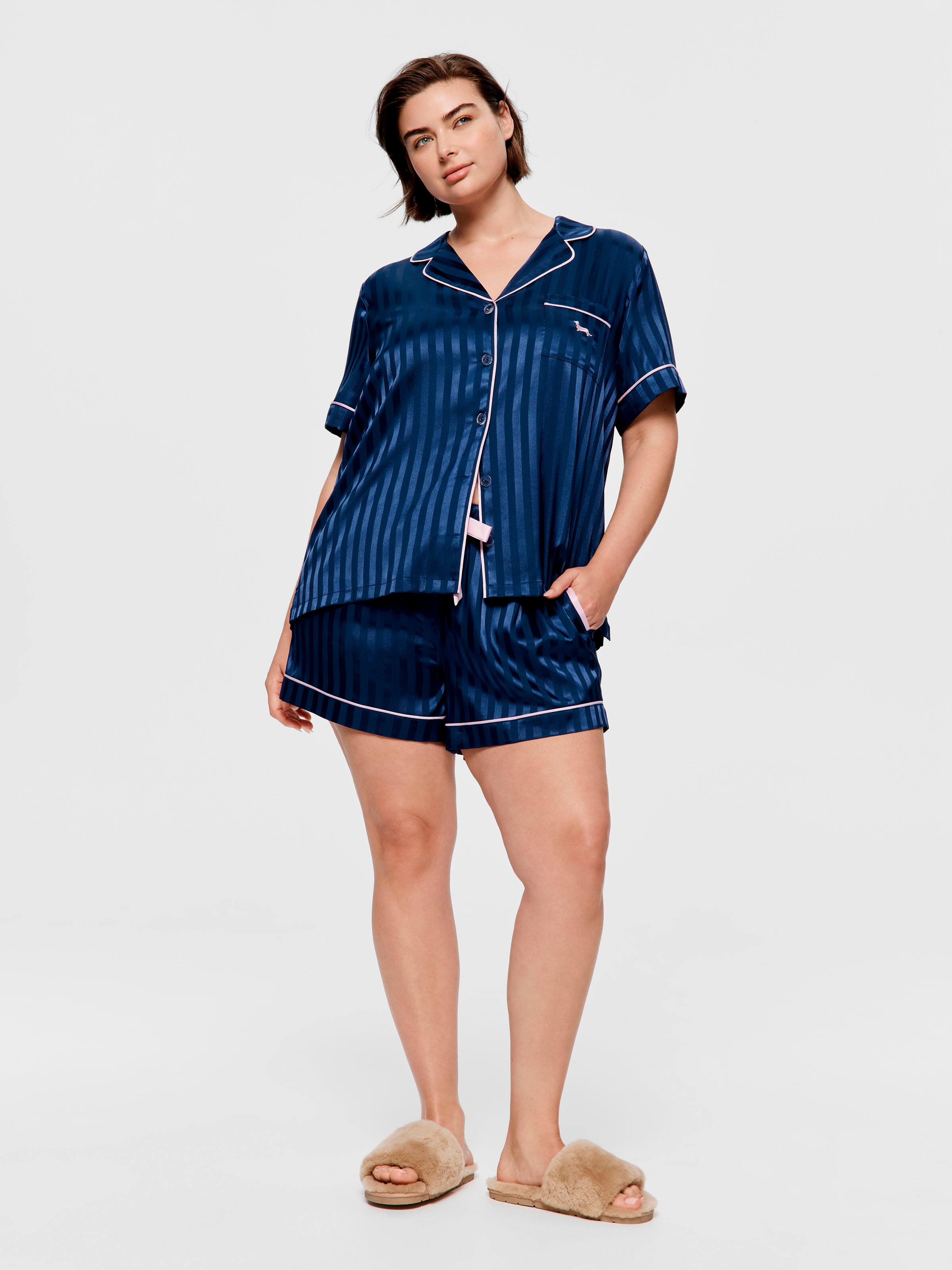Image for P.A. Plus Navy Stripe Chic Satin Shortie Pj Set from Peter Alexander