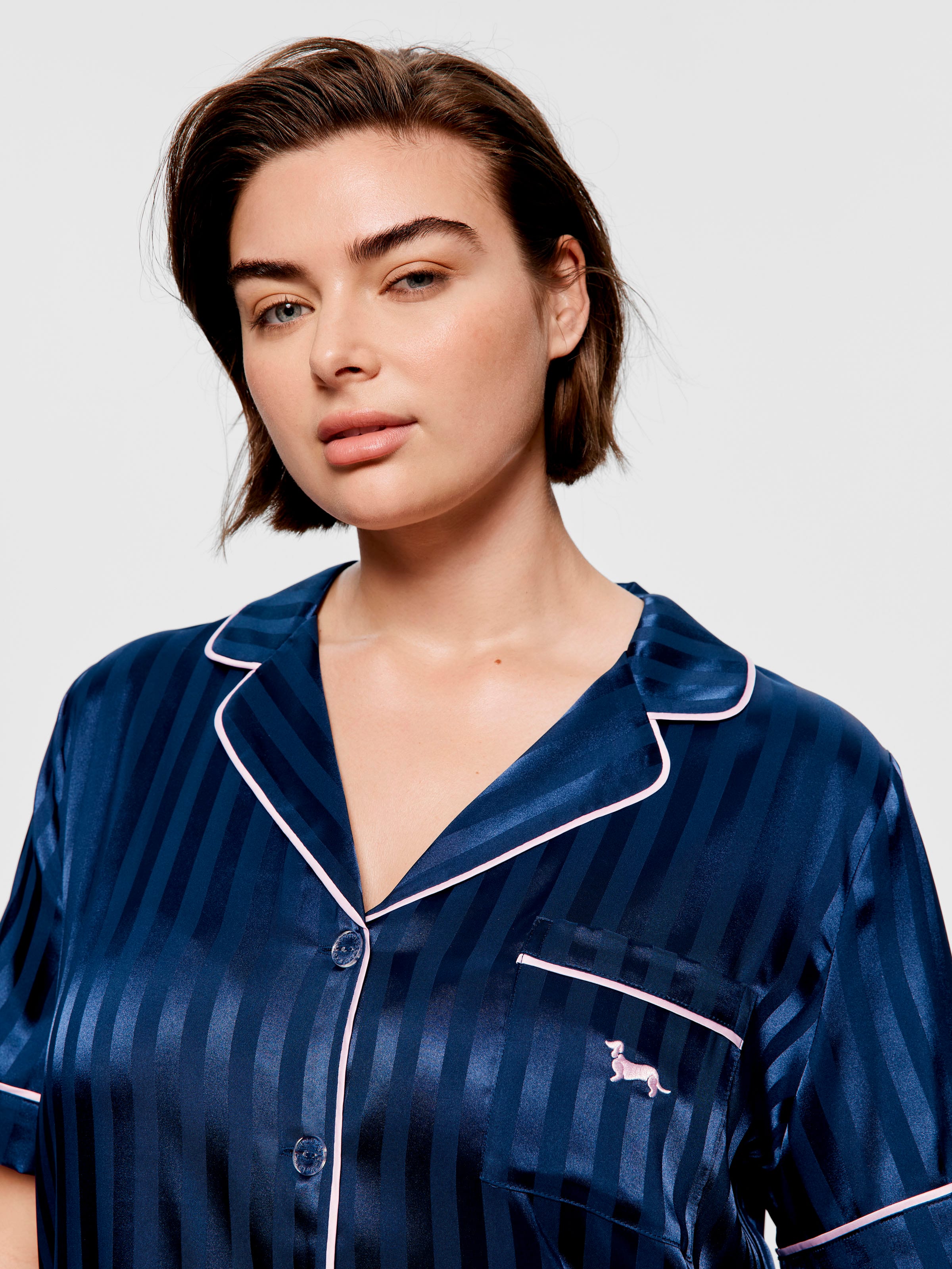 P.A. Plus Navy Stripe Chic Satin Shortie Pj Set