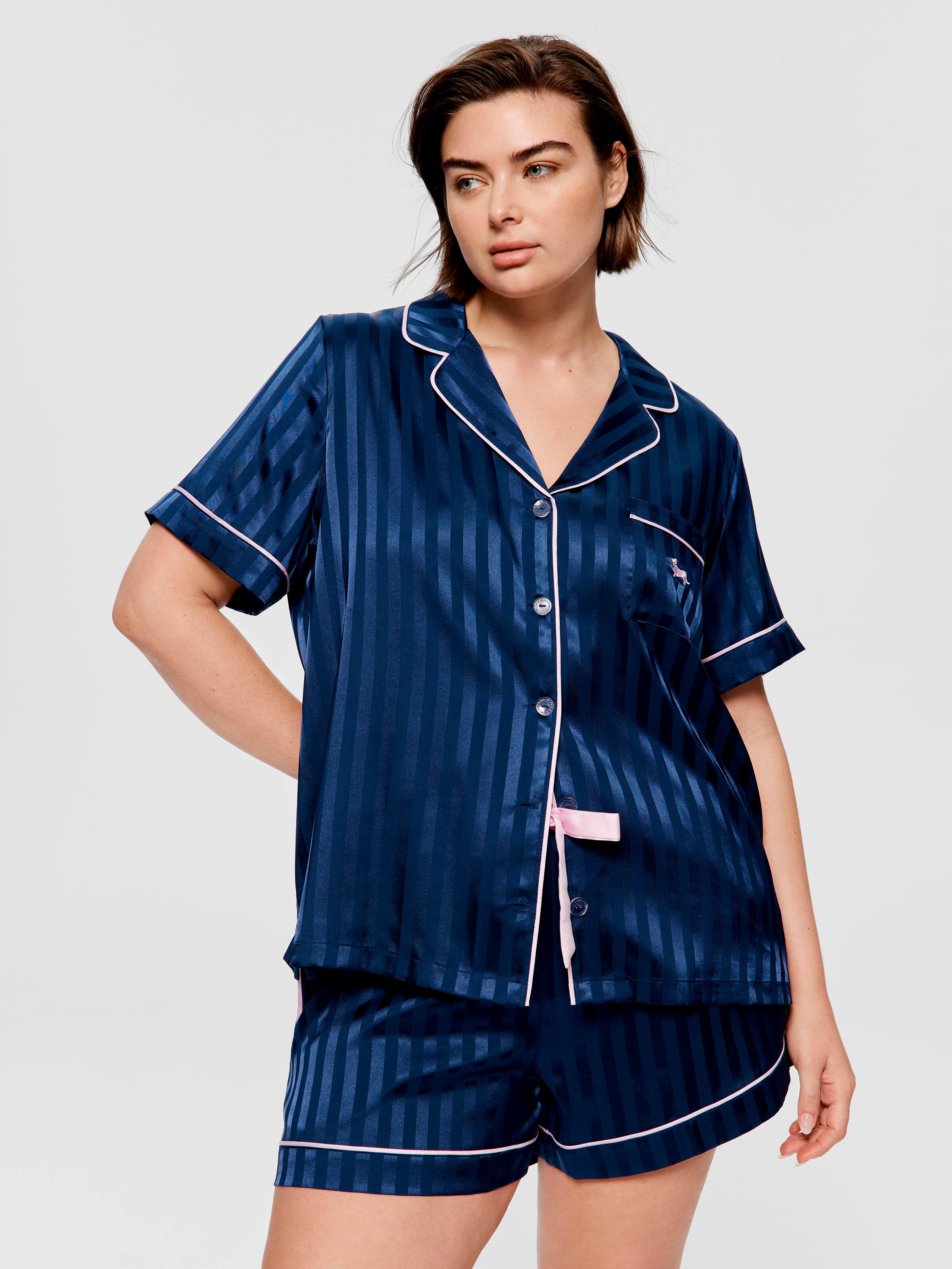P.A. Plus Navy Stripe Chic Satin Shortie Pj Set