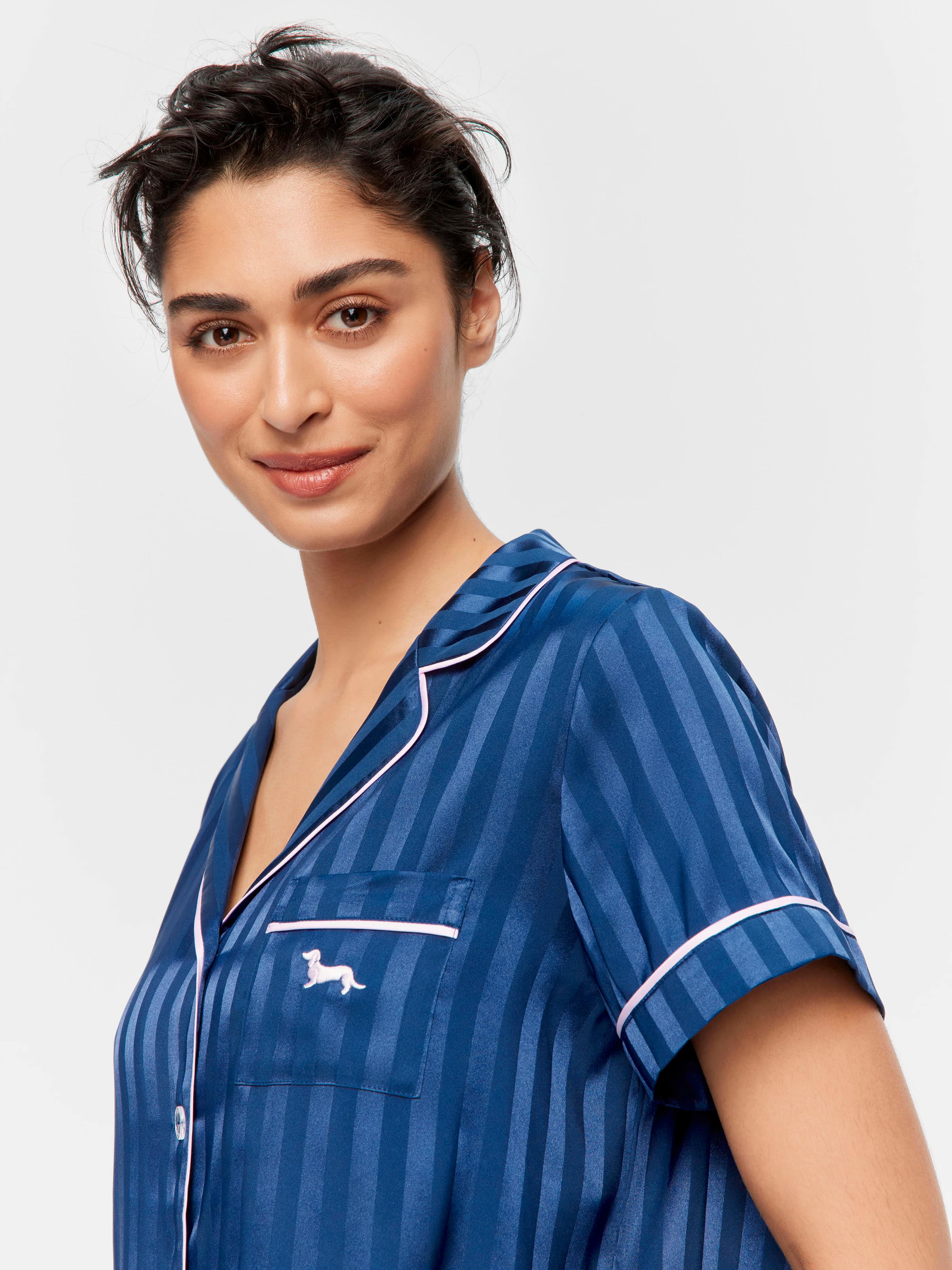 Image for Navy Stripe Chic Satin Short Sleeve &amp; Bottom Pj Set from Peter Alexander
