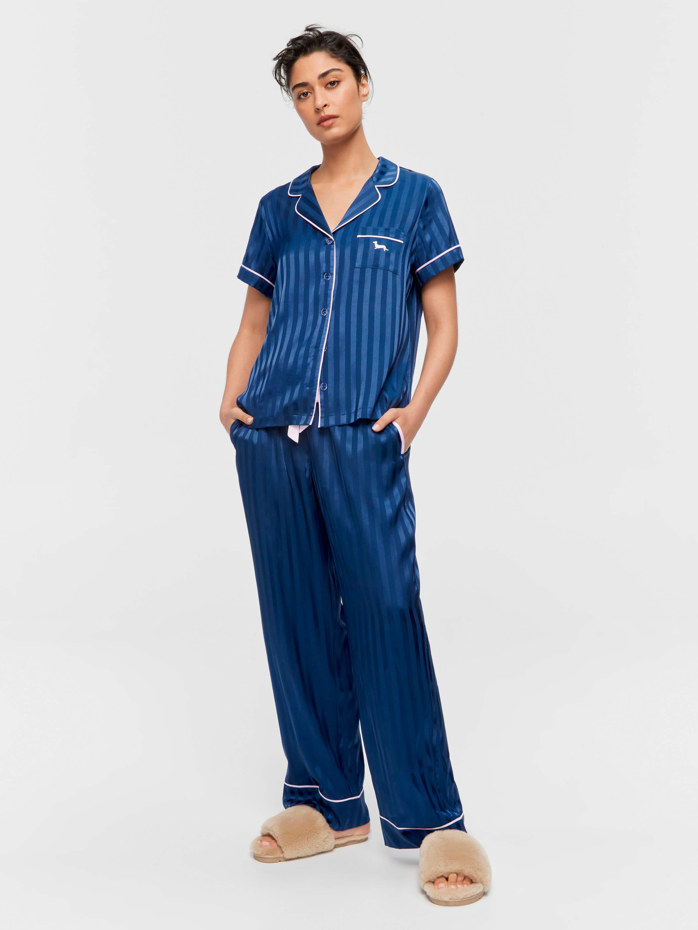 Image for Navy Stripe Chic Satin Short Sleeve &amp; Bottom Pj Set from Peter Alexander